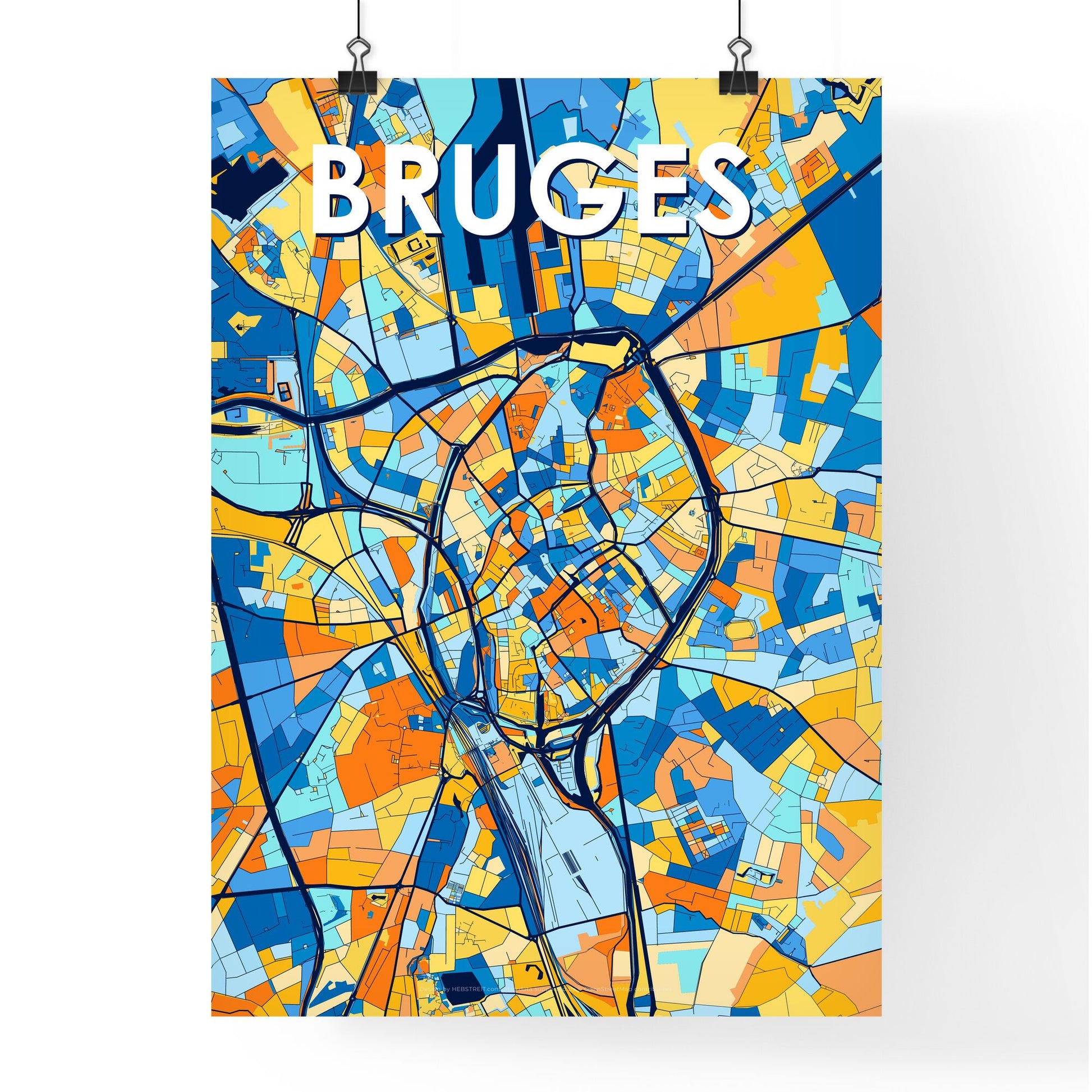 BRUGES BELGIUM Vibrant Colorful Art Map Poster Blue Orange