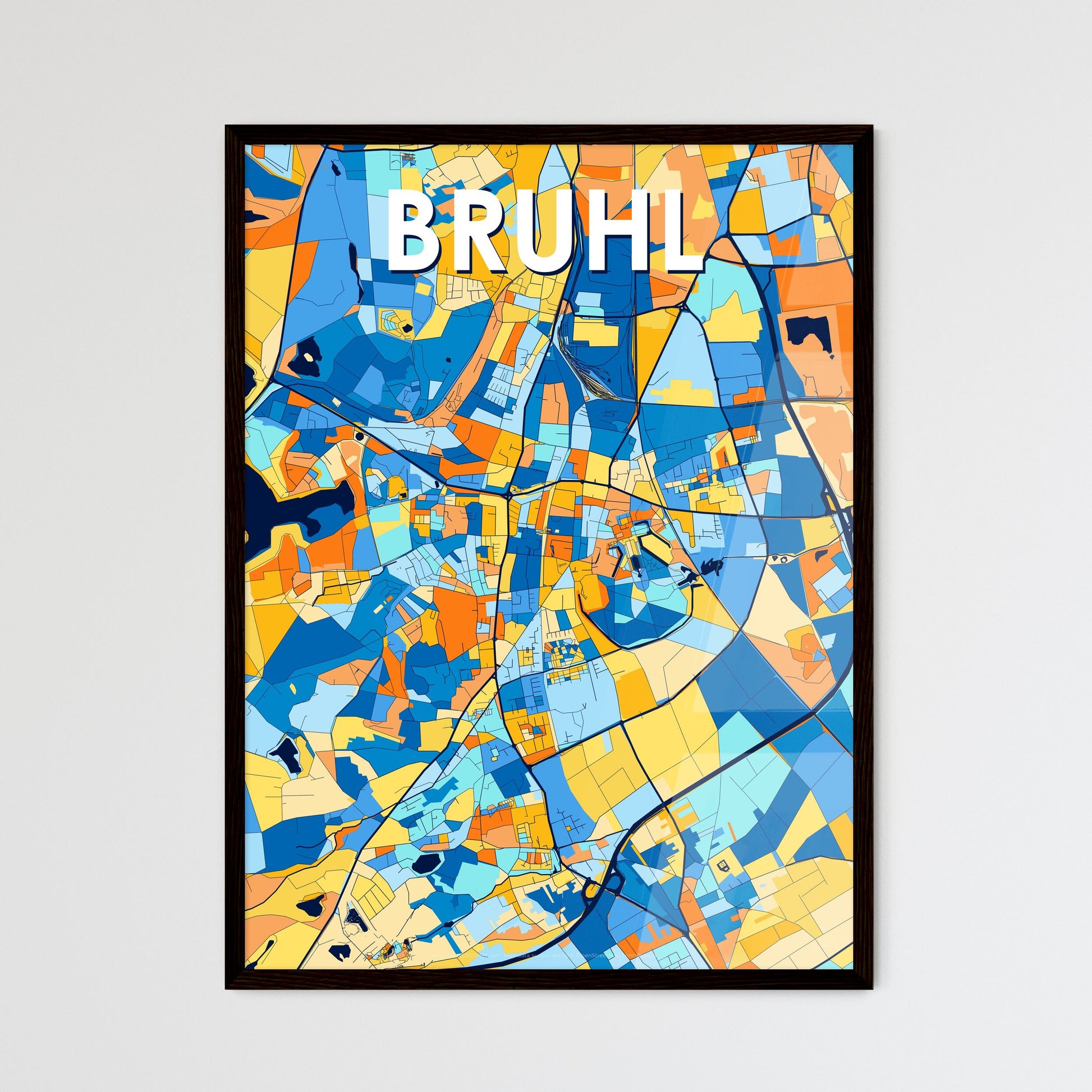 BRUHL GERMANY Vibrant Colorful Art Map Poster Blue Orange