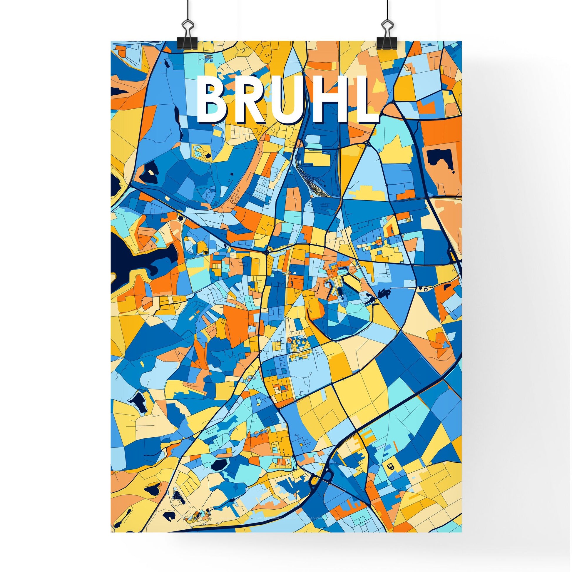 BRUHL GERMANY Vibrant Colorful Art Map Poster Blue Orange