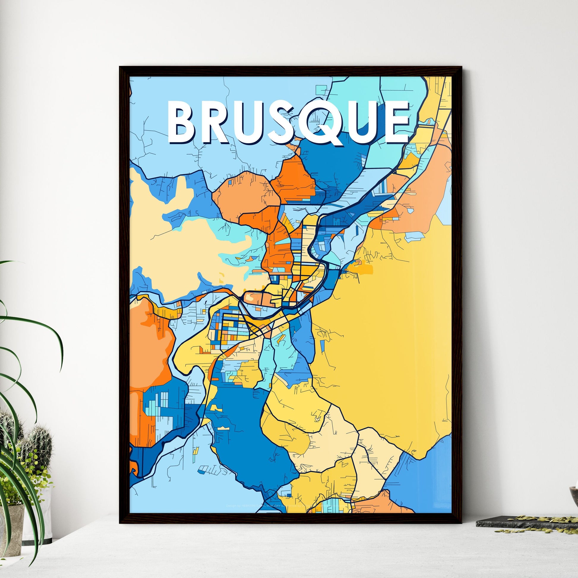 BRUSQUE BRAZIL Vibrant Colorful Art Map Poster Blue Orange