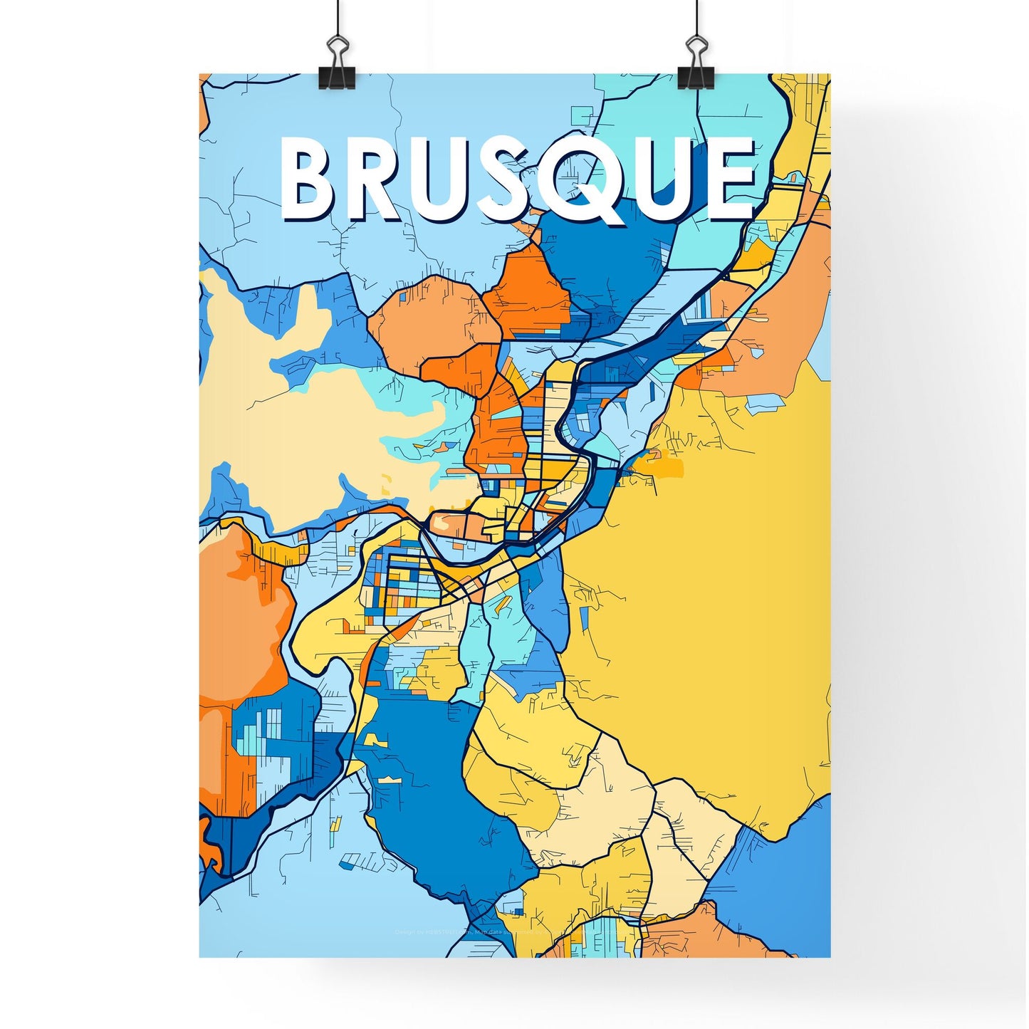 BRUSQUE BRAZIL Vibrant Colorful Art Map Poster Blue Orange