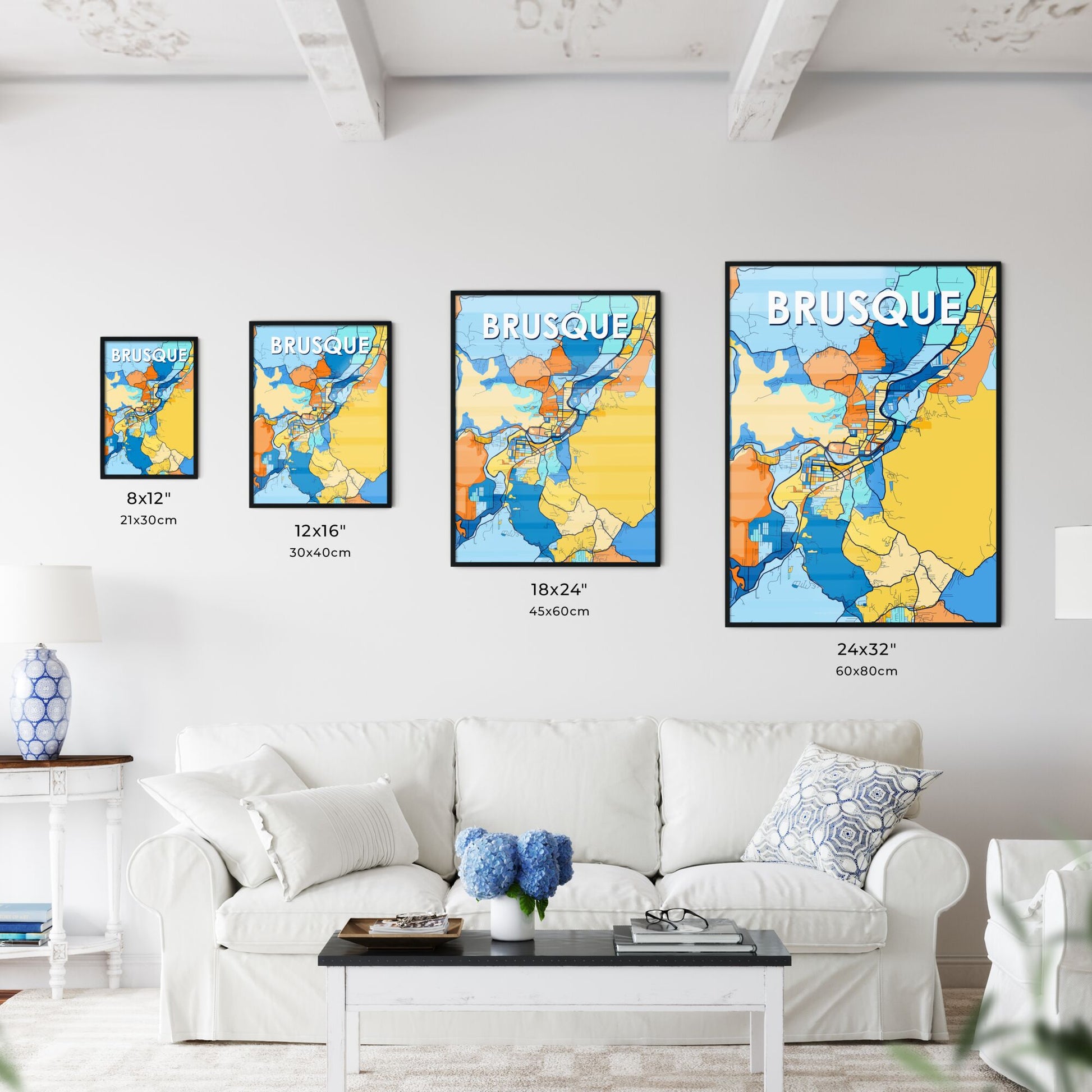 BRUSQUE BRAZIL Vibrant Colorful Art Map Poster Blue Orange