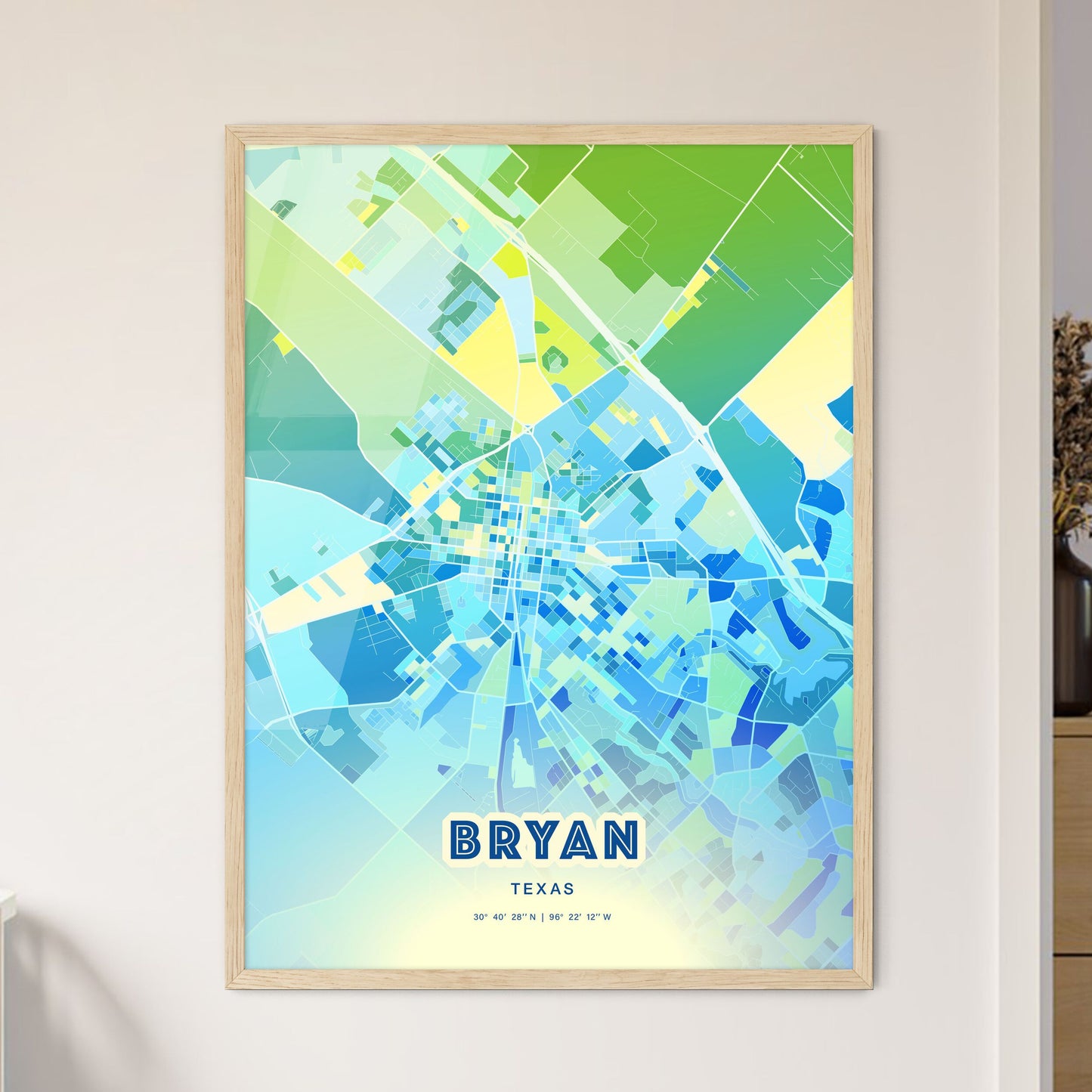 Colorful Bryan Texas Fine Art Map Cool Blue