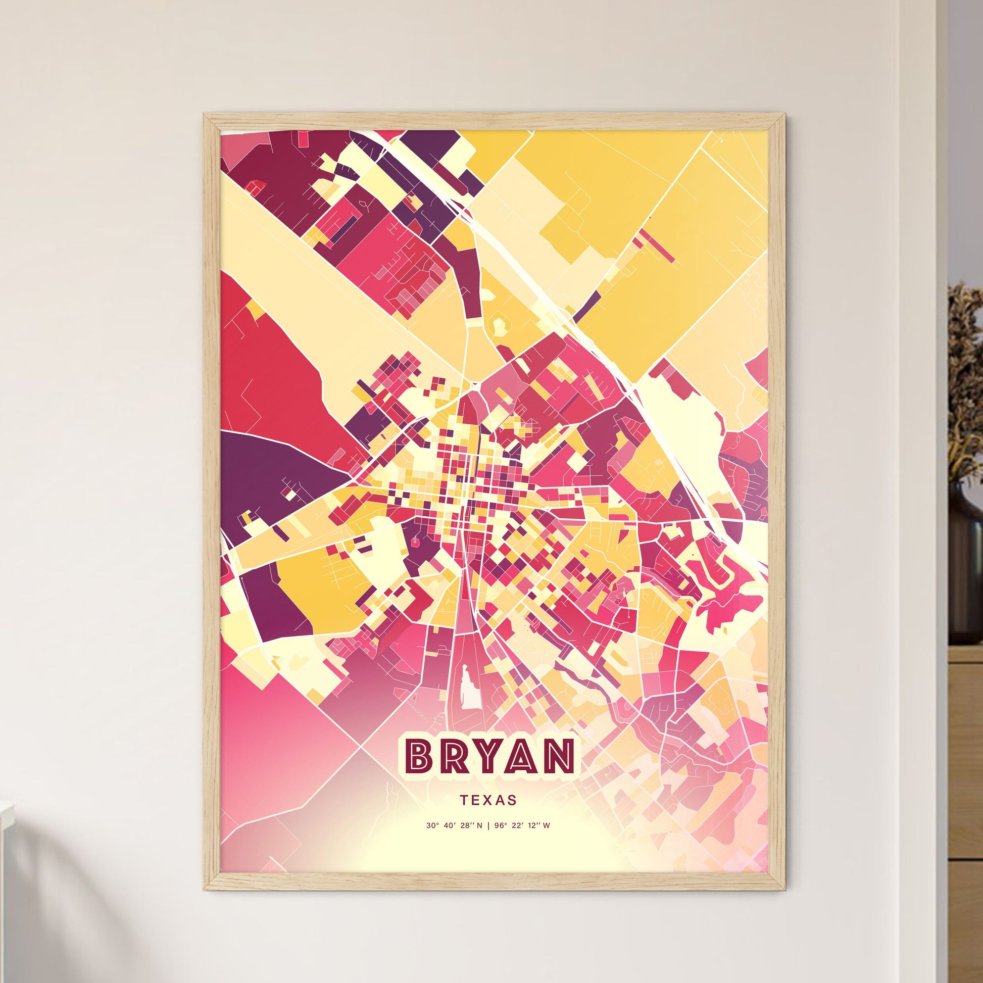 Colorful Bryan Texas Fine Art Map Hot Red