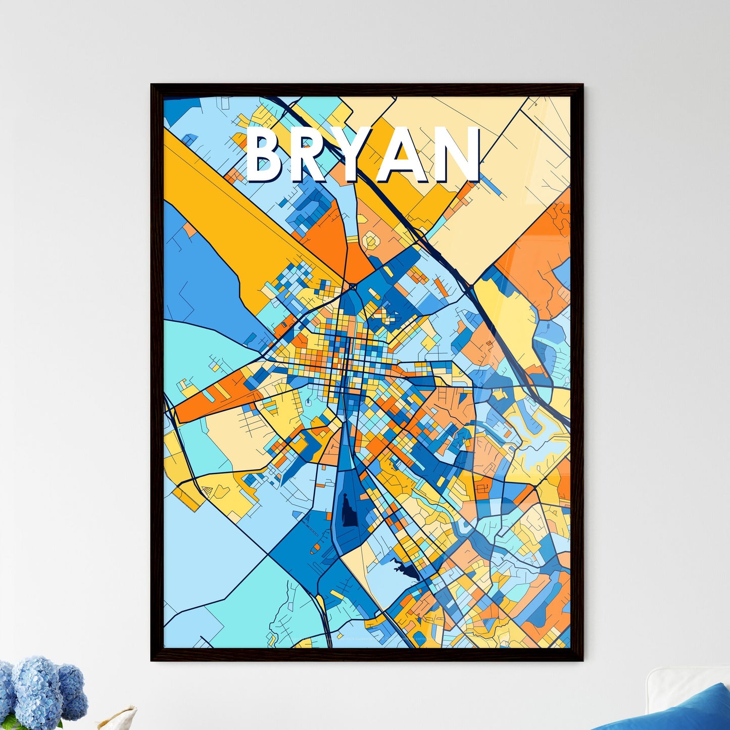 BRYAN TEXAS Vibrant Colorful Art Map Poster Blue Orange