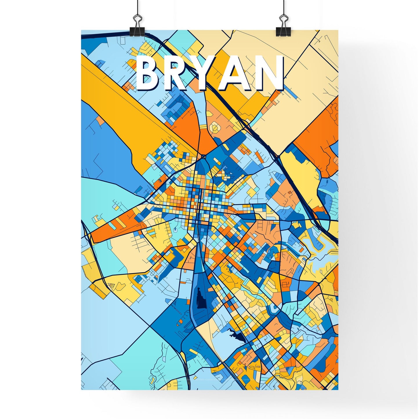 BRYAN TEXAS Vibrant Colorful Art Map Poster Blue Orange