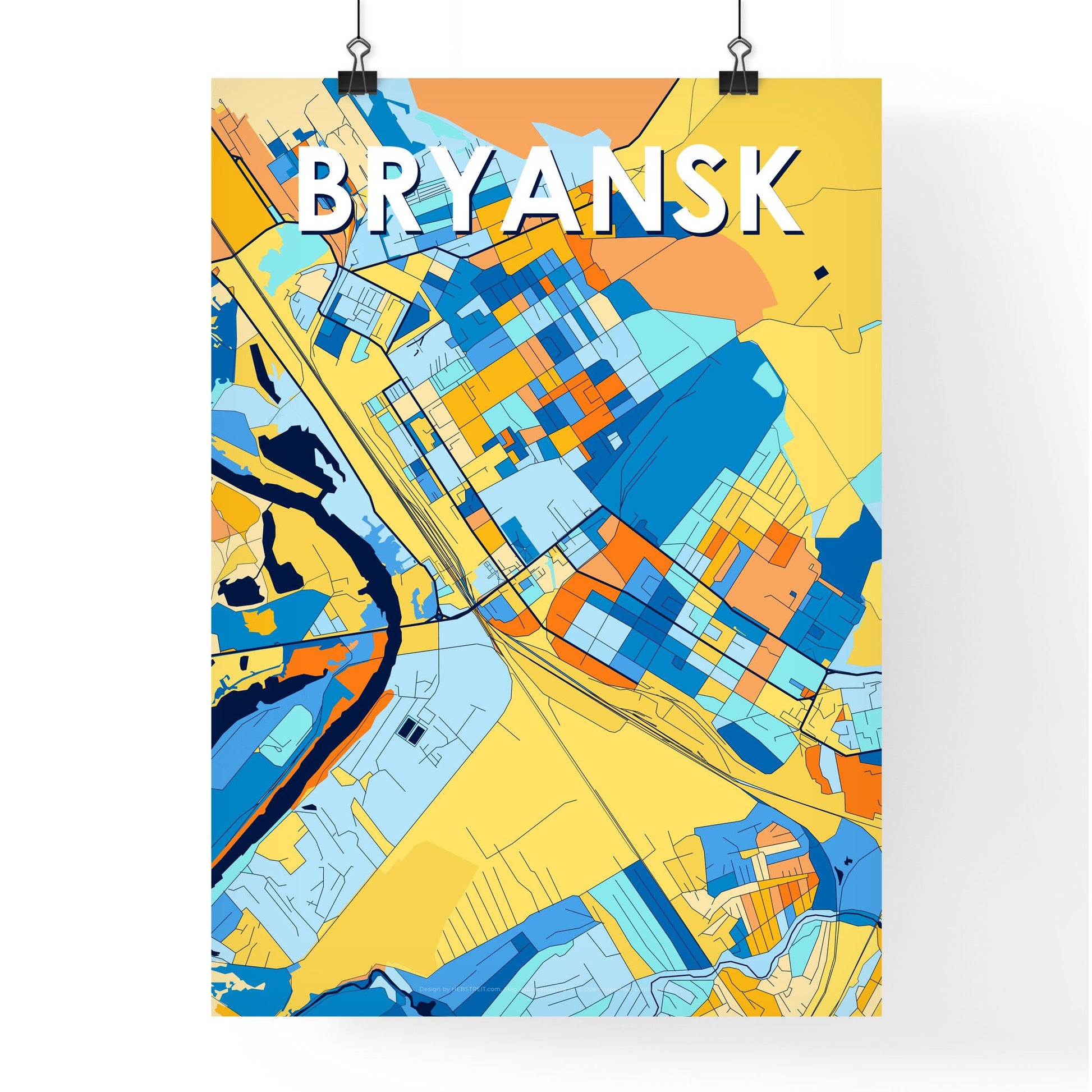 BRYANSK RUSSIA Vibrant Colorful Art Map Poster Blue Orange