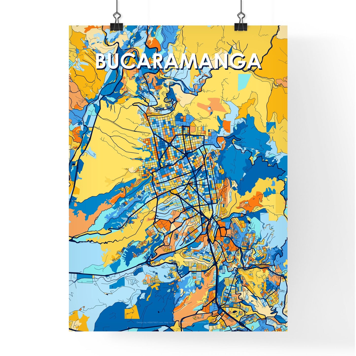 BUCARAMANGA COLOMBIA Vibrant Colorful Art Map Poster Blue Orange