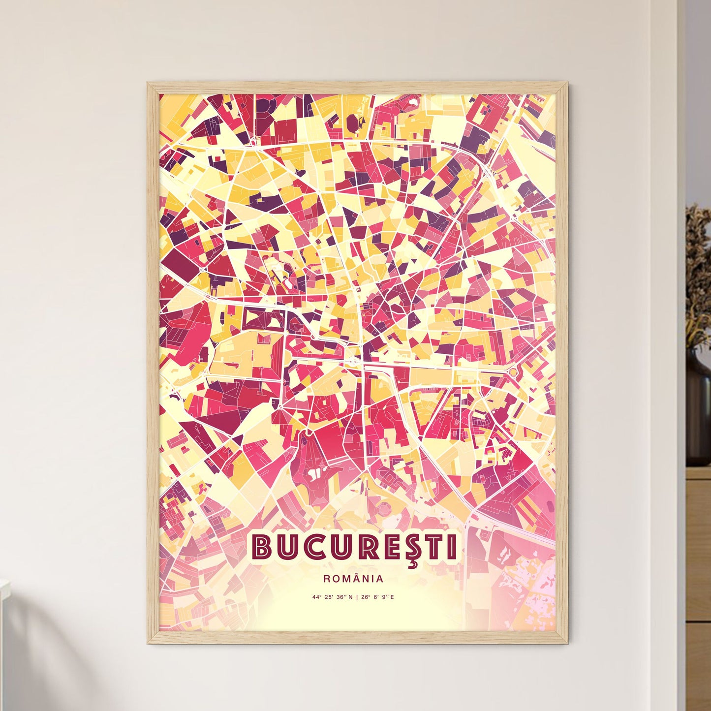 Colorful Bucharest Romania Fine Art Map Hot Red