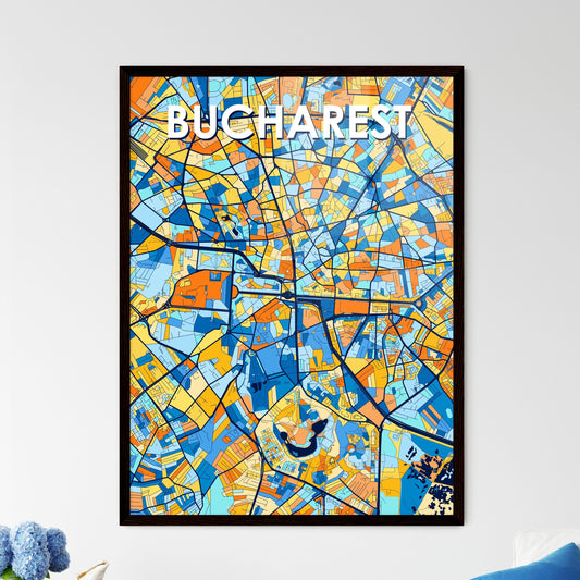 BUCHAREST ROMANIA Vibrant Colorful Art Map Poster Blue Orange