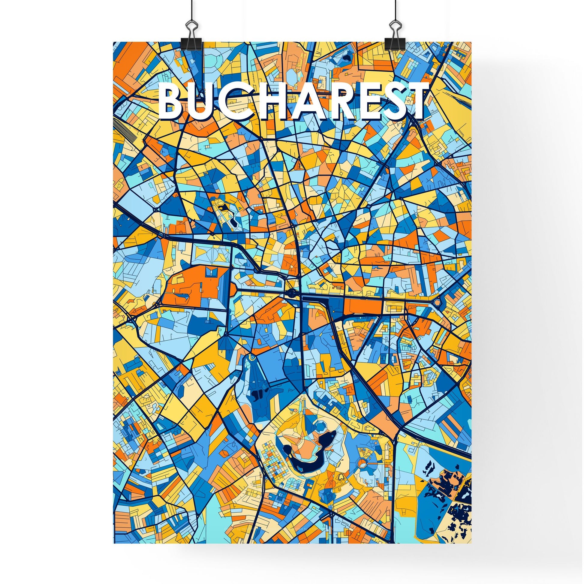 BUCHAREST ROMANIA Vibrant Colorful Art Map Poster Blue Orange