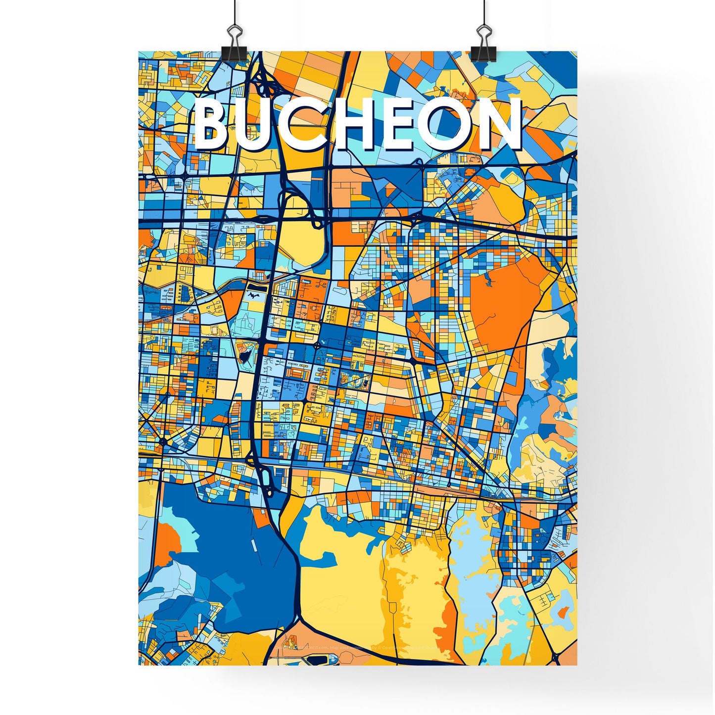 BUCHEON SOUTH KOREA Vibrant Colorful Art Map Poster Blue Orange