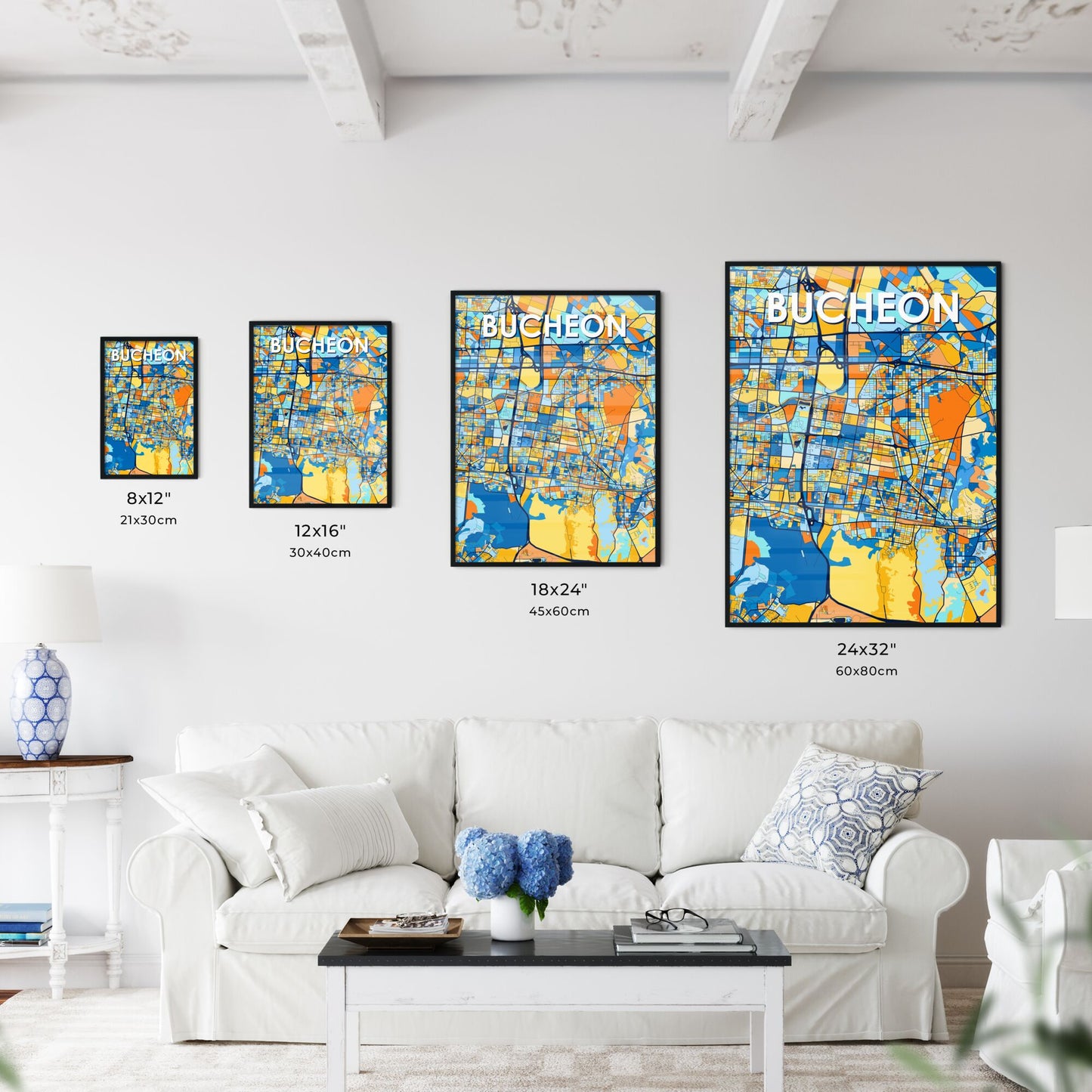 BUCHEON SOUTH KOREA Vibrant Colorful Art Map Poster Blue Orange