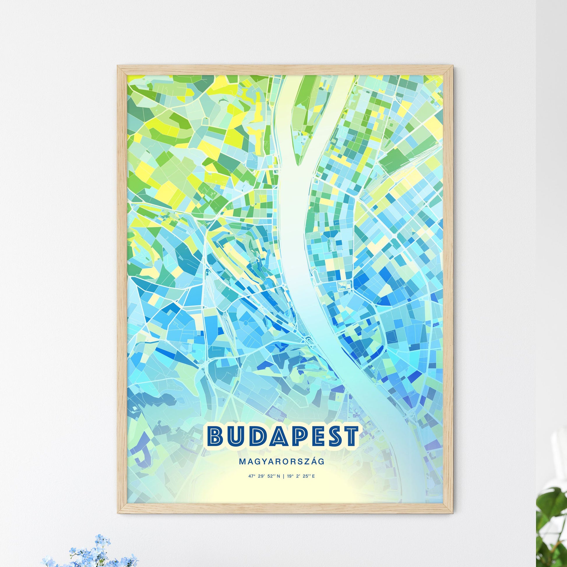 Colorful Budapest Hungary Fine Art Map Cool Blue