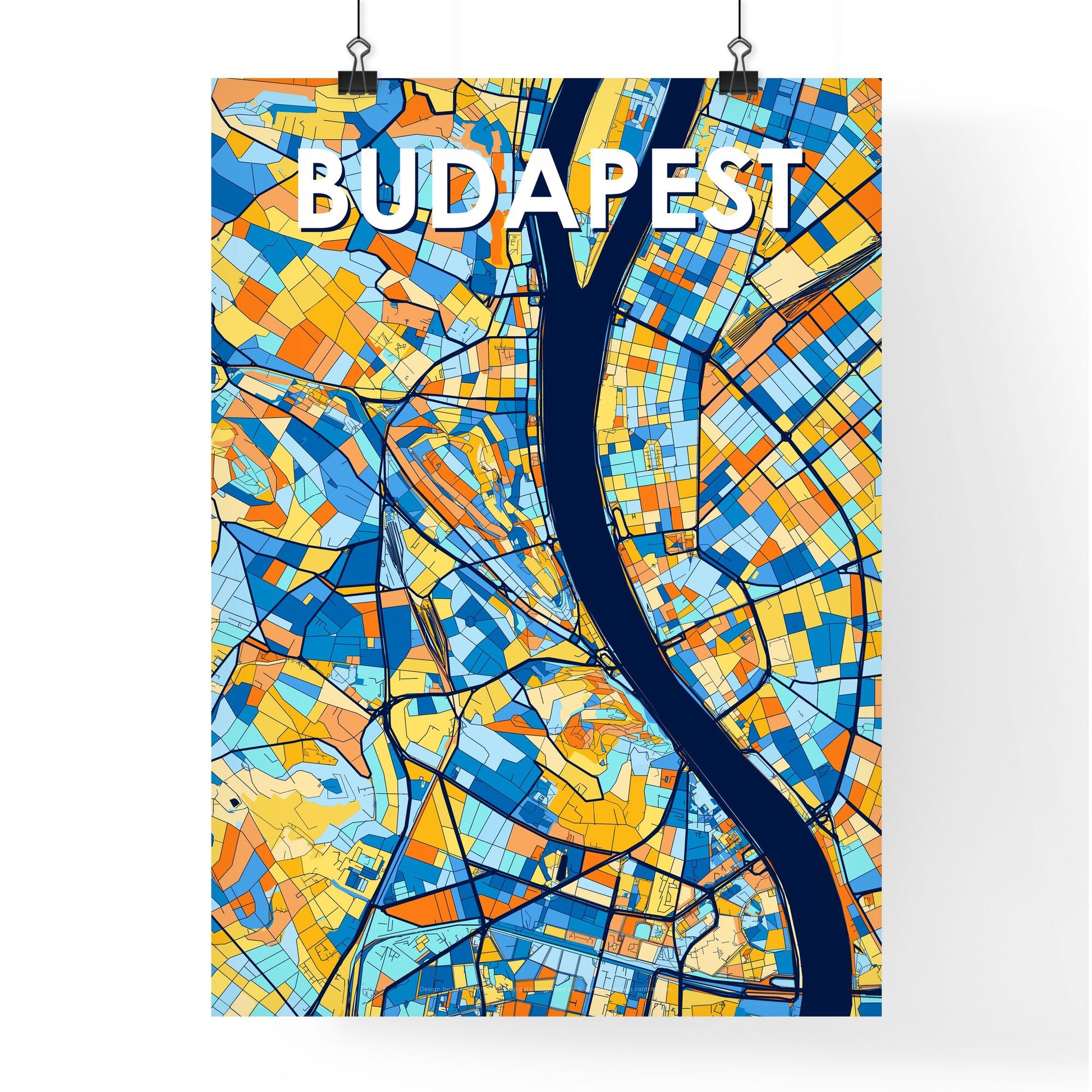 BUDAPEST HUNGARY Vibrant Colorful Art Map Poster Blue Orange