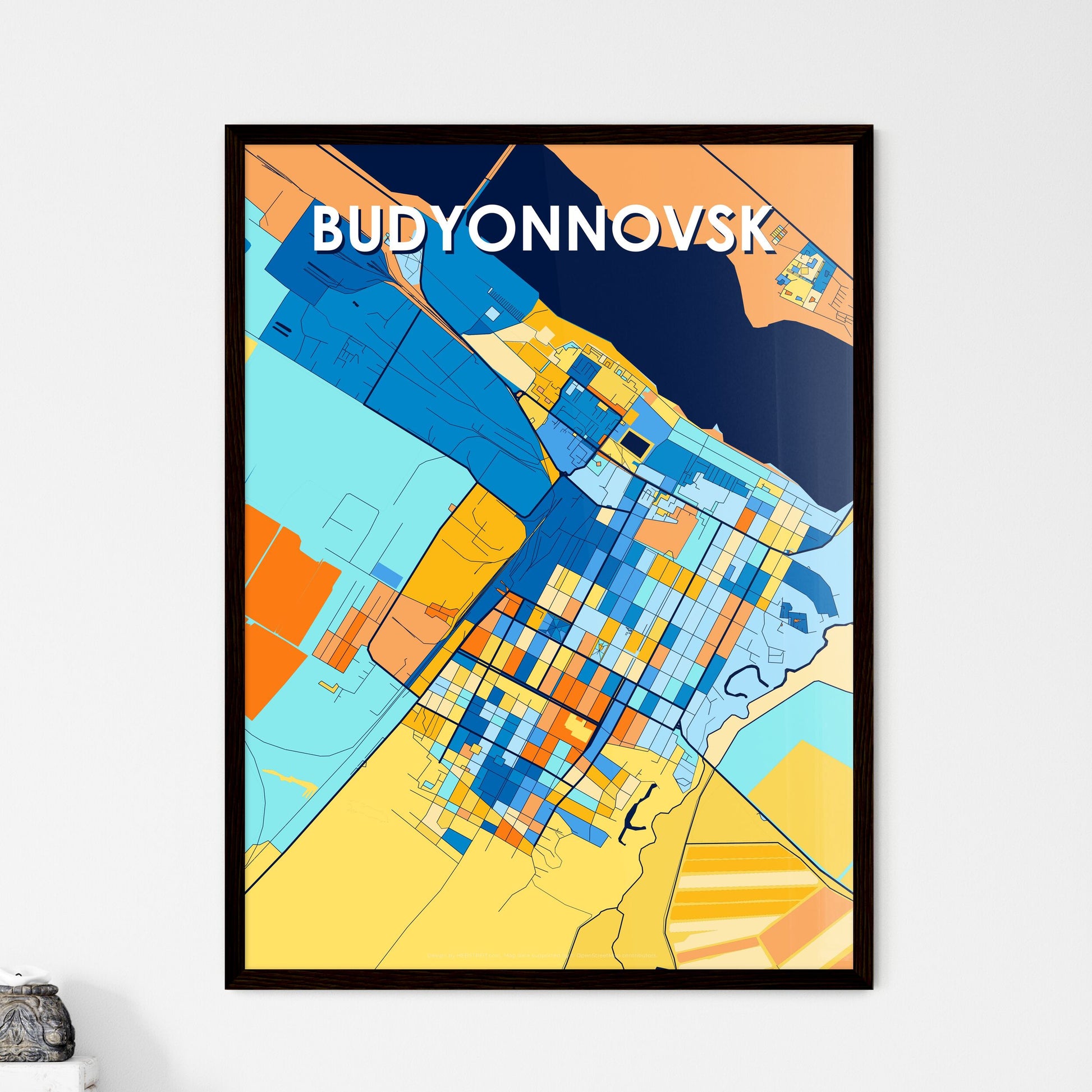 BUDYONNOVSK RUSSIA Vibrant Colorful Art Map Poster Blue Orange