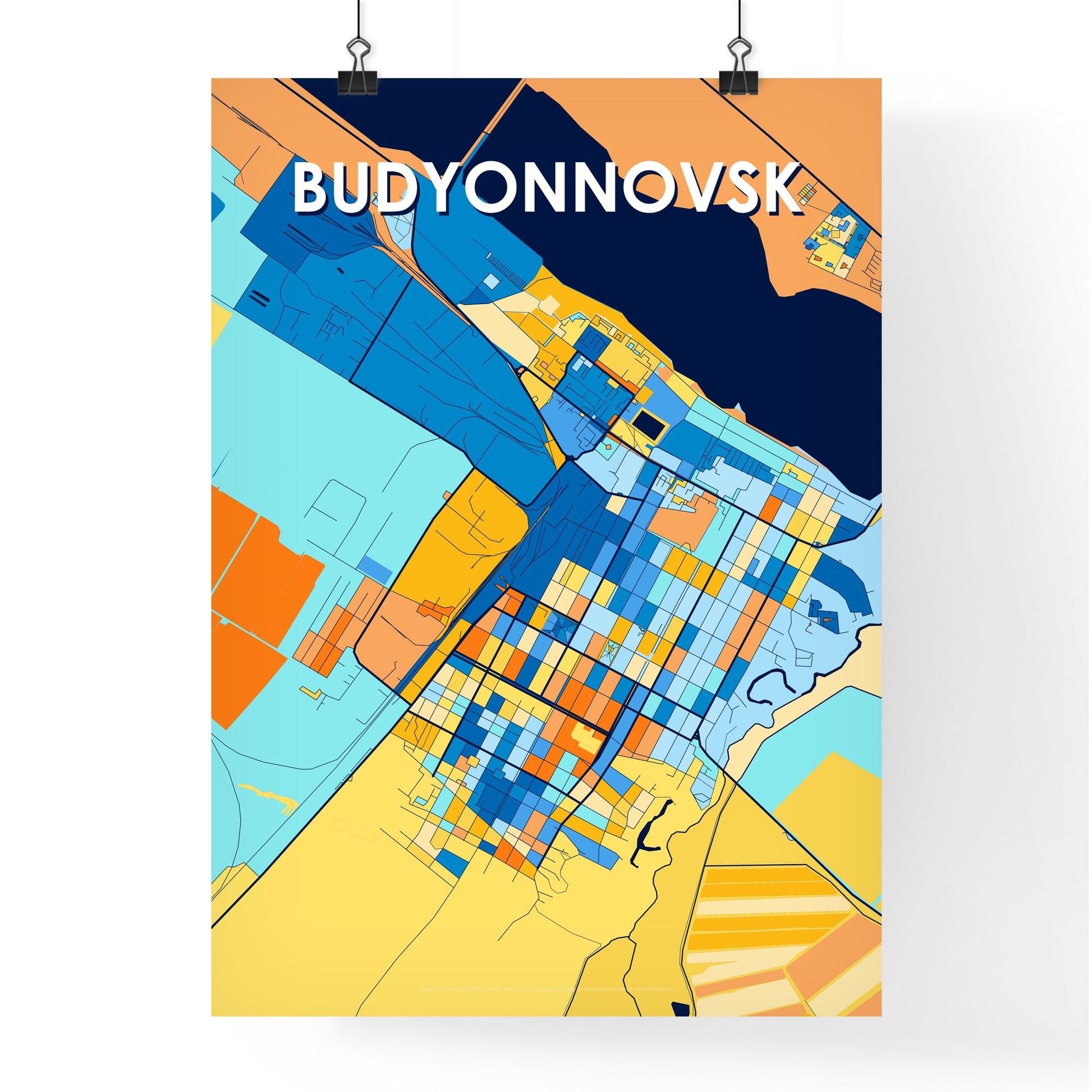 BUDYONNOVSK RUSSIA Vibrant Colorful Art Map Poster Blue Orange