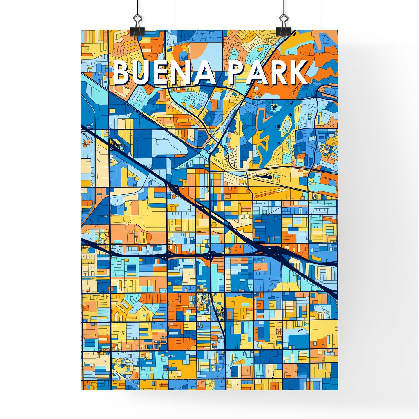 BUENA PARK CALIFORNIA Vibrant Colorful Art Map Poster Blue Orange