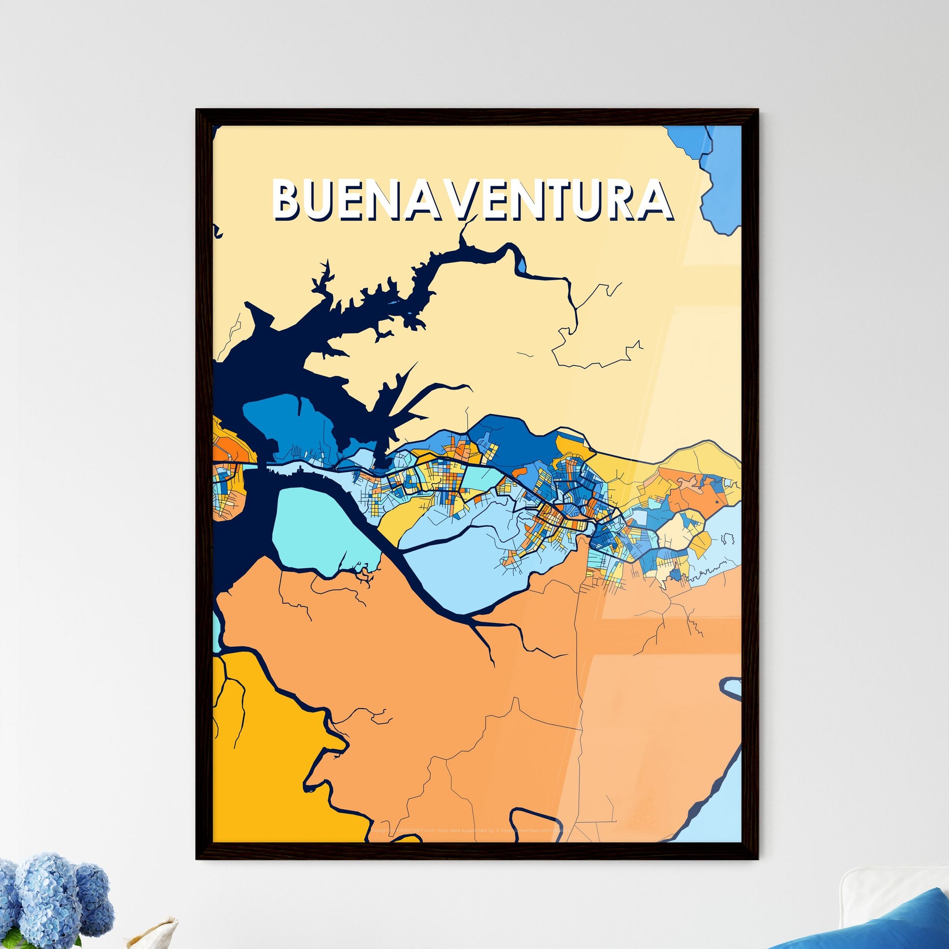 BUENAVENTURA COLOMBIA Vibrant Colorful Art Map Poster Blue Orange