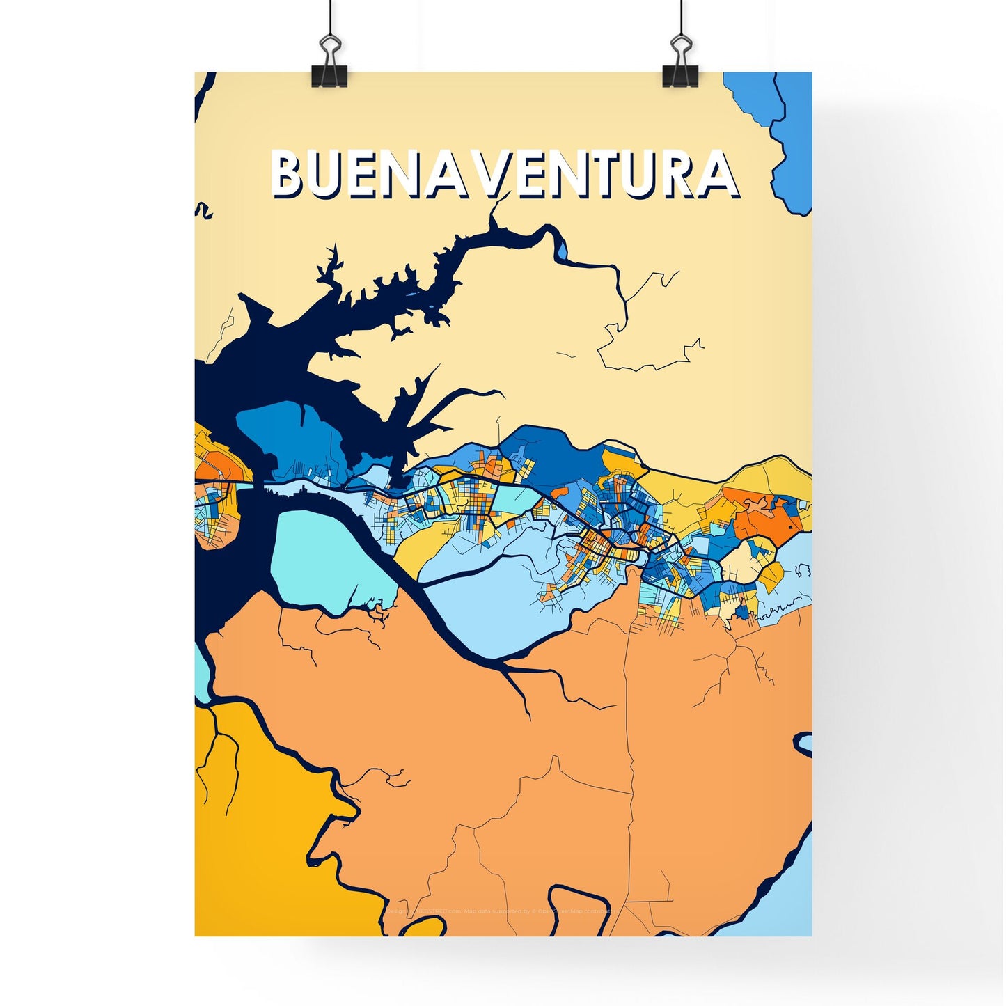 BUENAVENTURA COLOMBIA Vibrant Colorful Art Map Poster Blue Orange