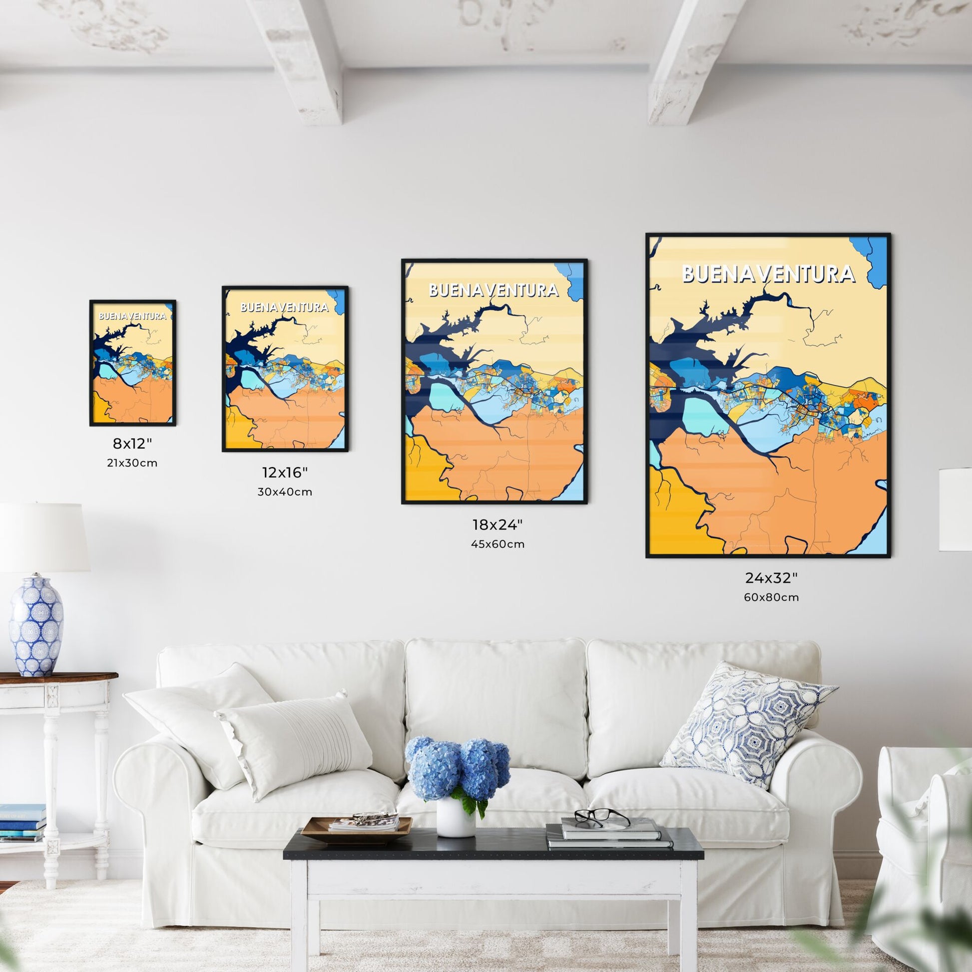 BUENAVENTURA COLOMBIA Vibrant Colorful Art Map Poster Blue Orange