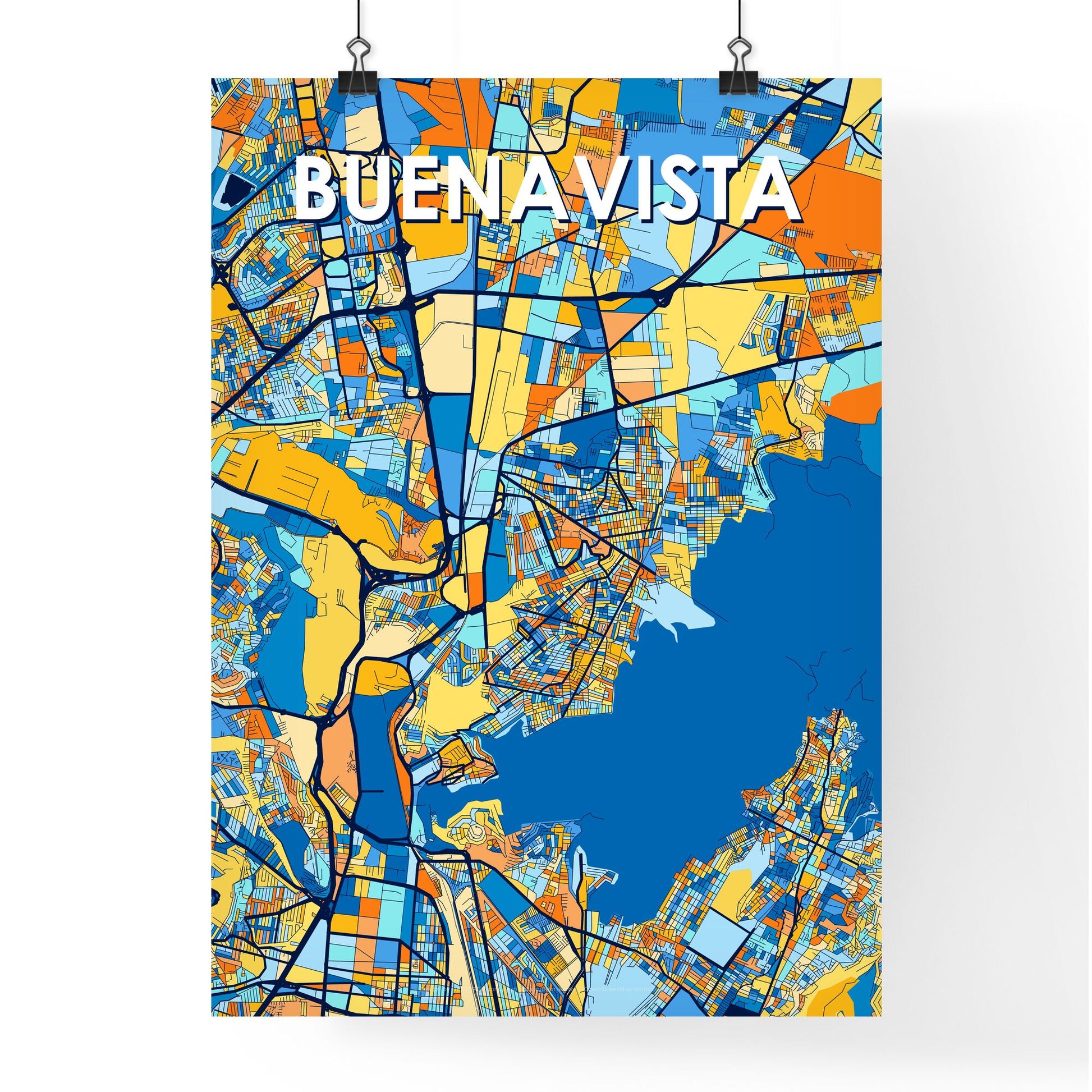 BUENAVISTA MEXICO Vibrant Colorful Art Map Poster Blue Orange