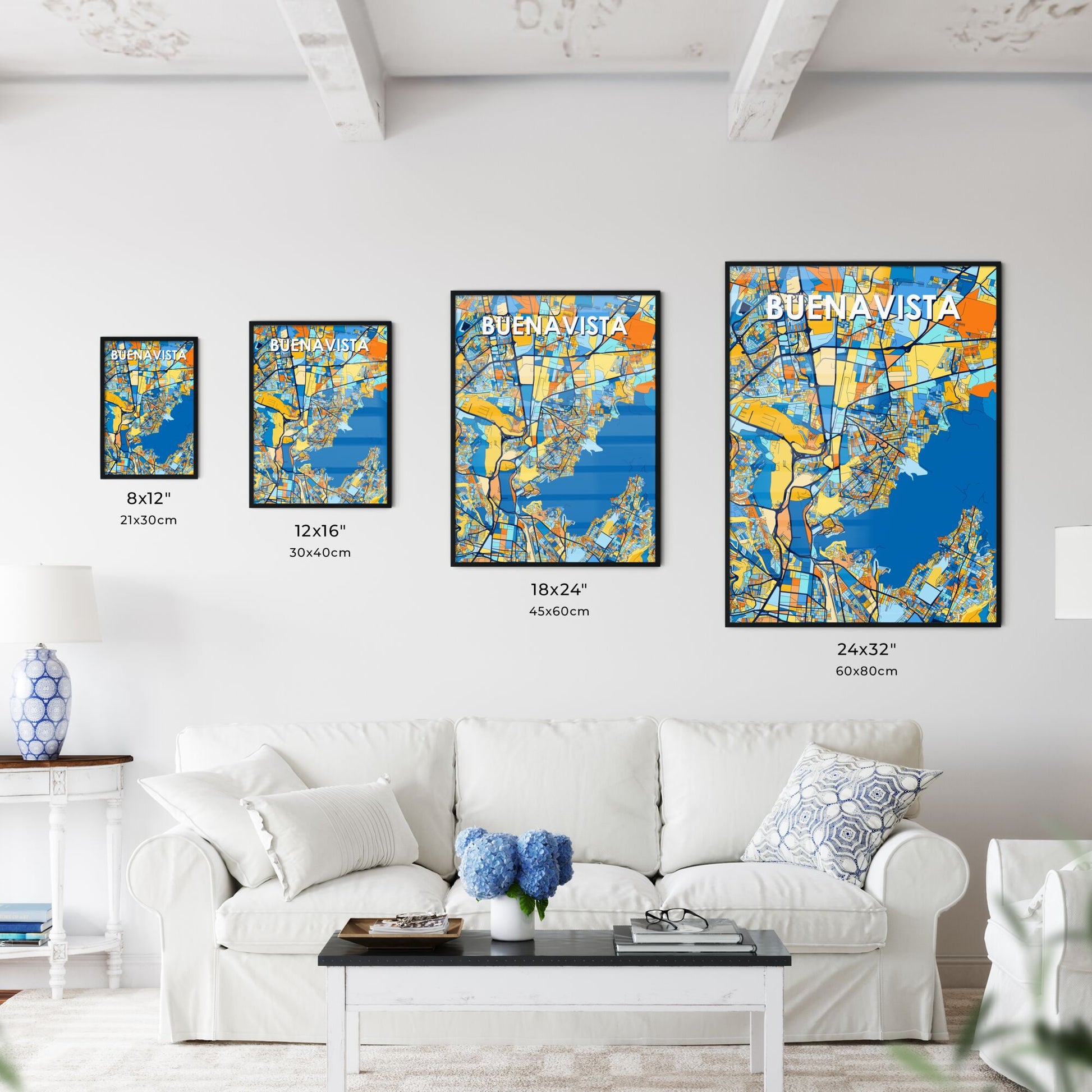 BUENAVISTA MEXICO Vibrant Colorful Art Map Poster Blue Orange