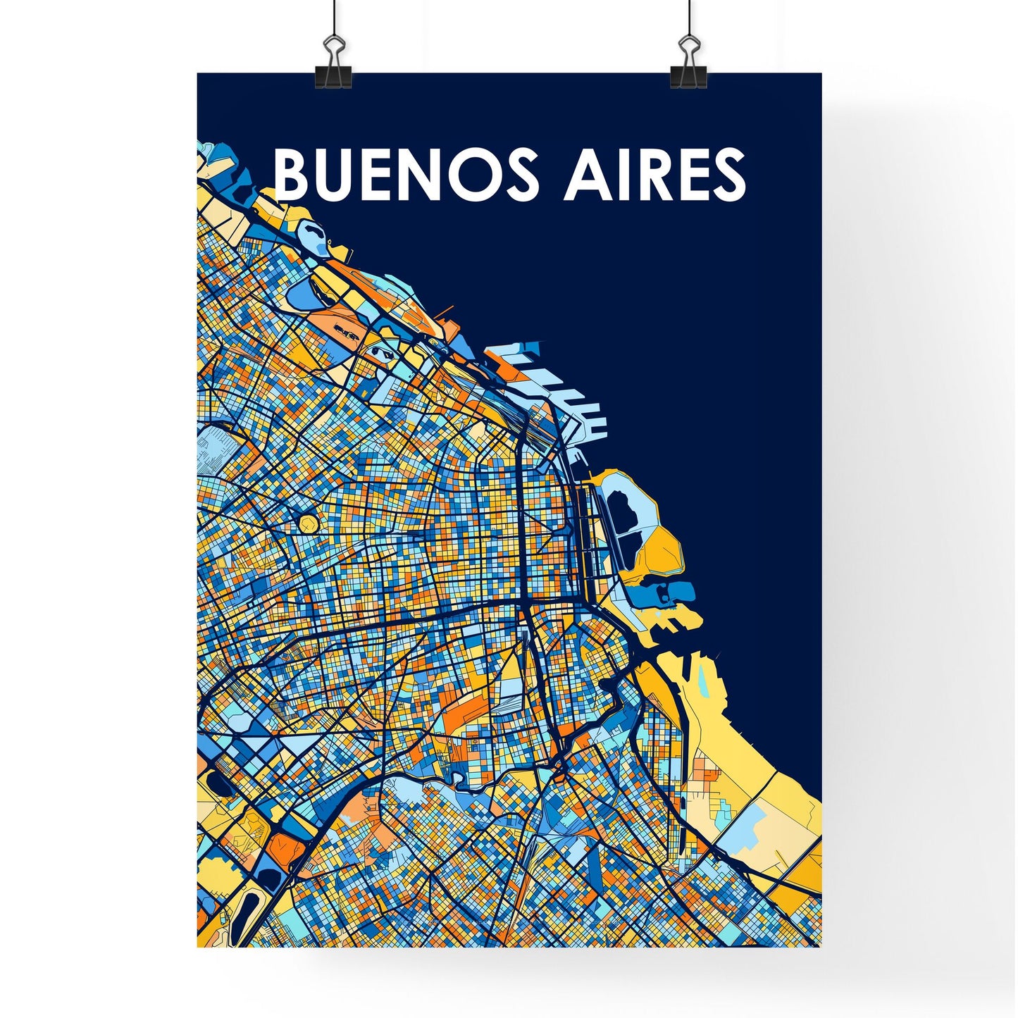 BUENOS AIRES ARGENTINA Vibrant Colorful Art Map Poster Blue Orange