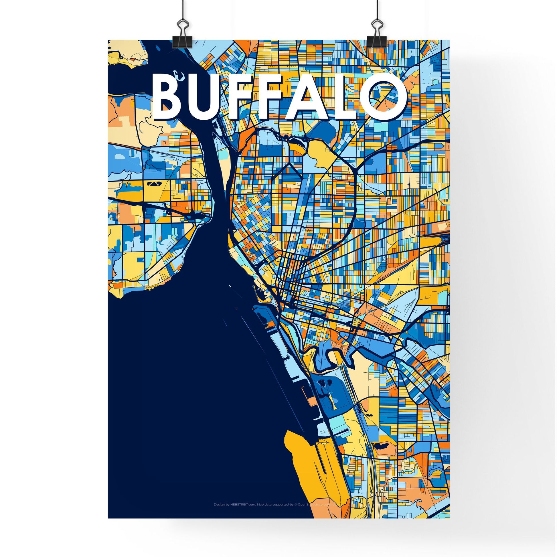 BUFFALO NEW YORK Vibrant Colorful Art Map Poster Blue Orange