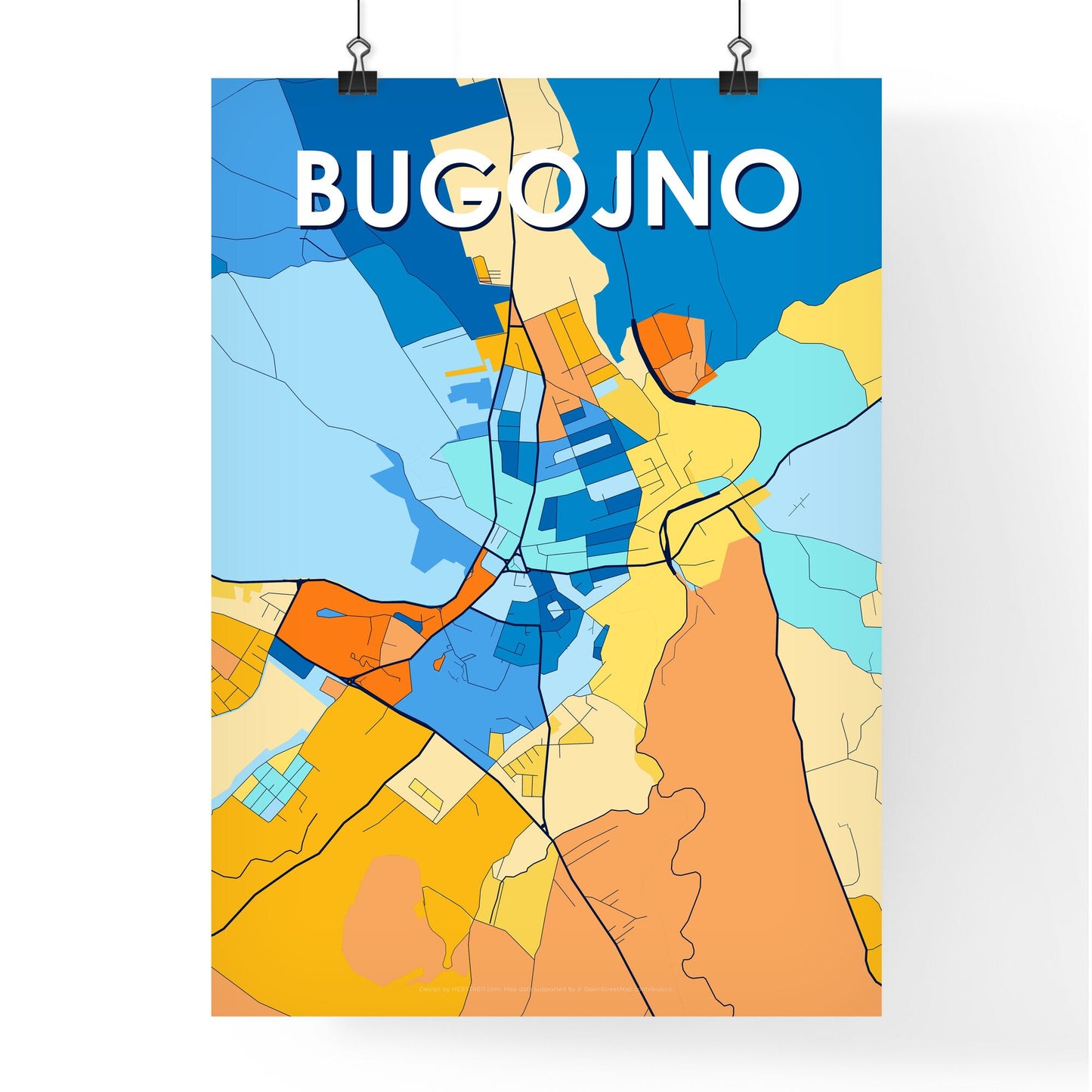 BUGOJNO BOSNIA AND HERZEGOVINA Vibrant Colorful Art Map Poster Blue Orange