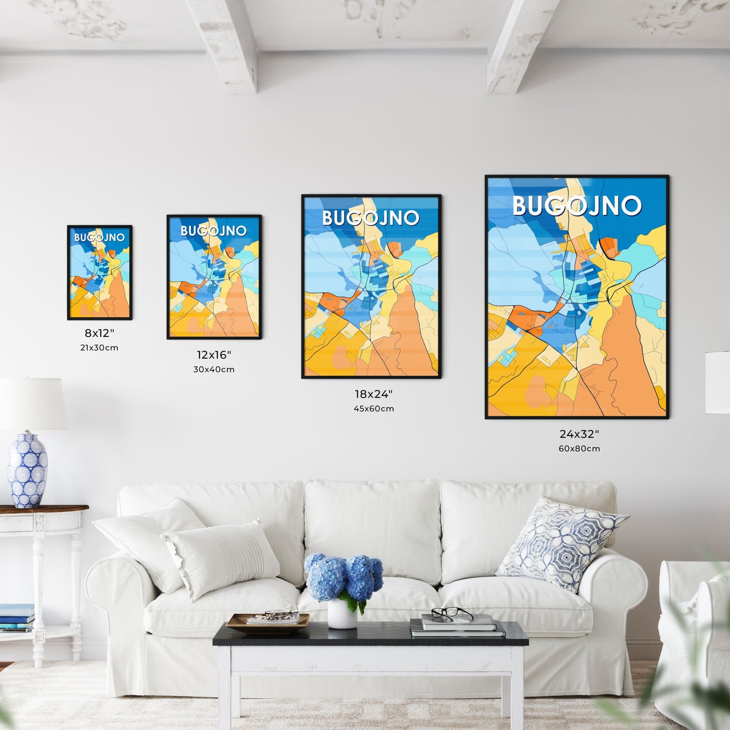 BUGOJNO BOSNIA AND HERZEGOVINA Vibrant Colorful Art Map Poster Blue Orange