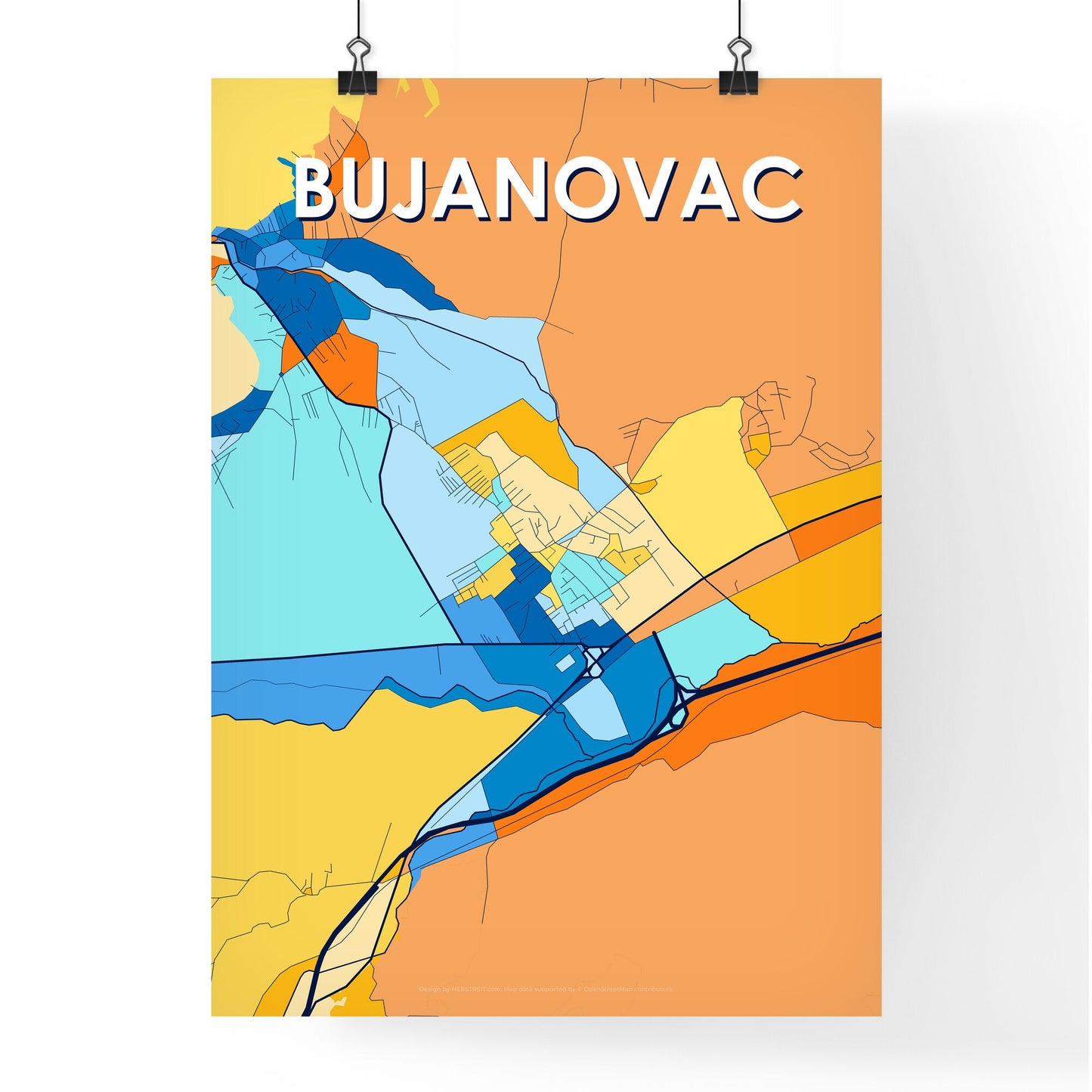 BUJANOVAC SERBIA Vibrant Colorful Art Map Poster Blue Orange