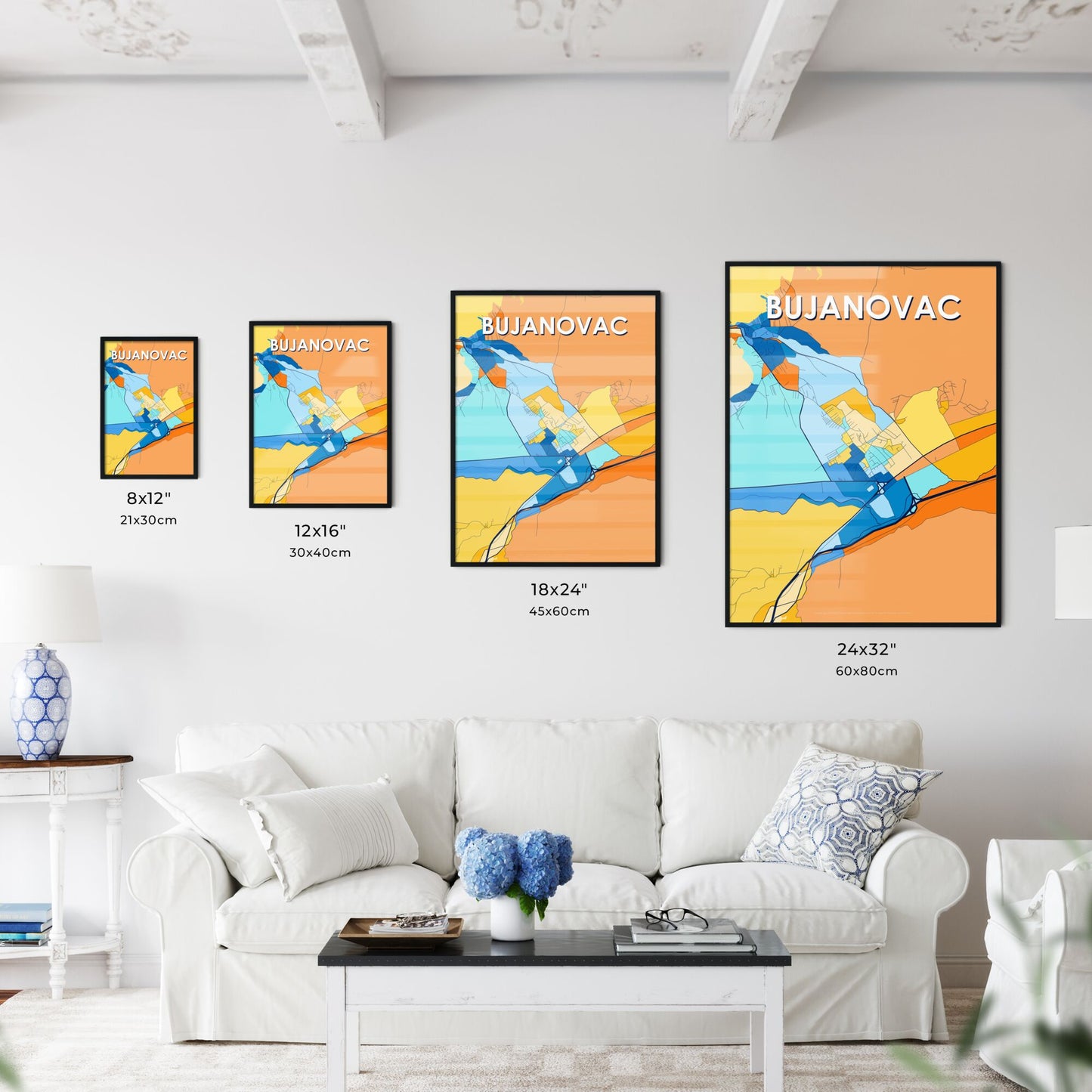 BUJANOVAC SERBIA Vibrant Colorful Art Map Poster Blue Orange