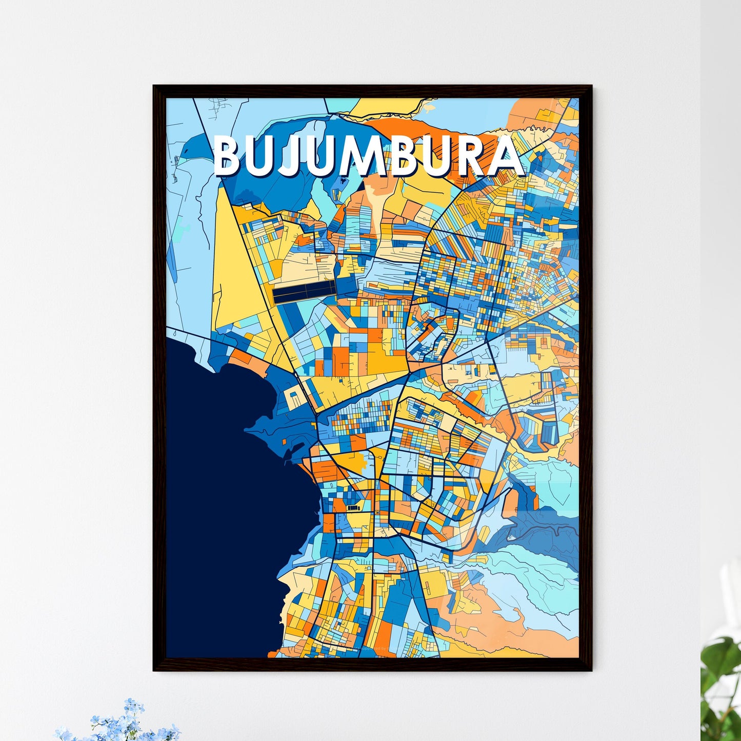 BUJUMBURA BURUNDI Vibrant Colorful Art Map Poster Blue Orange