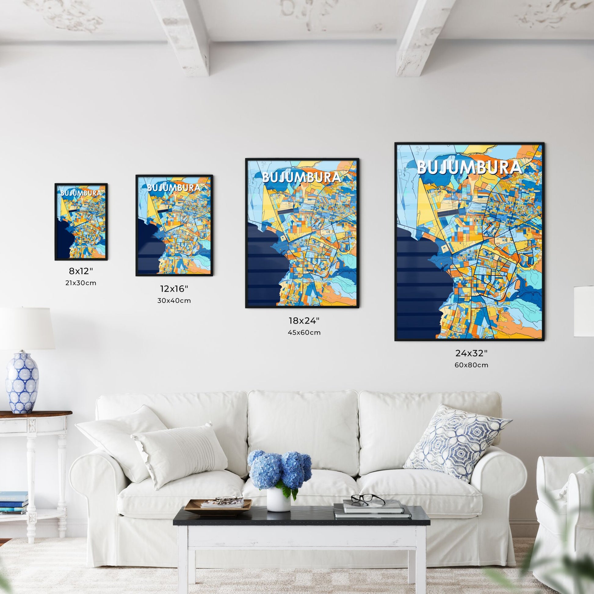 BUJUMBURA BURUNDI Vibrant Colorful Art Map Poster Blue Orange