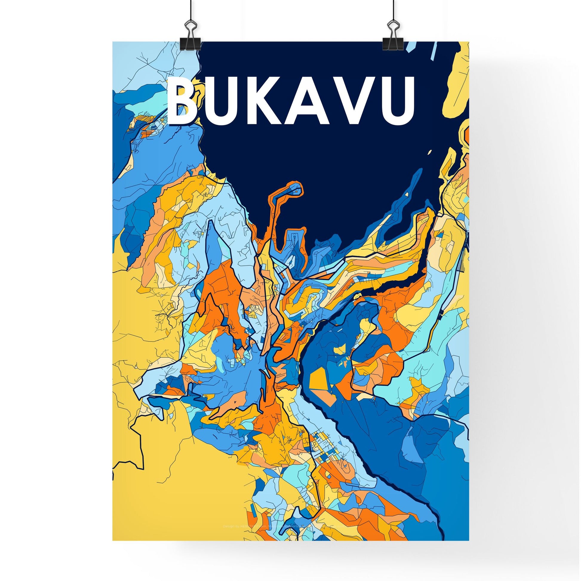 BUKAVU DR CONGO Vibrant Colorful Art Map Poster Blue Orange