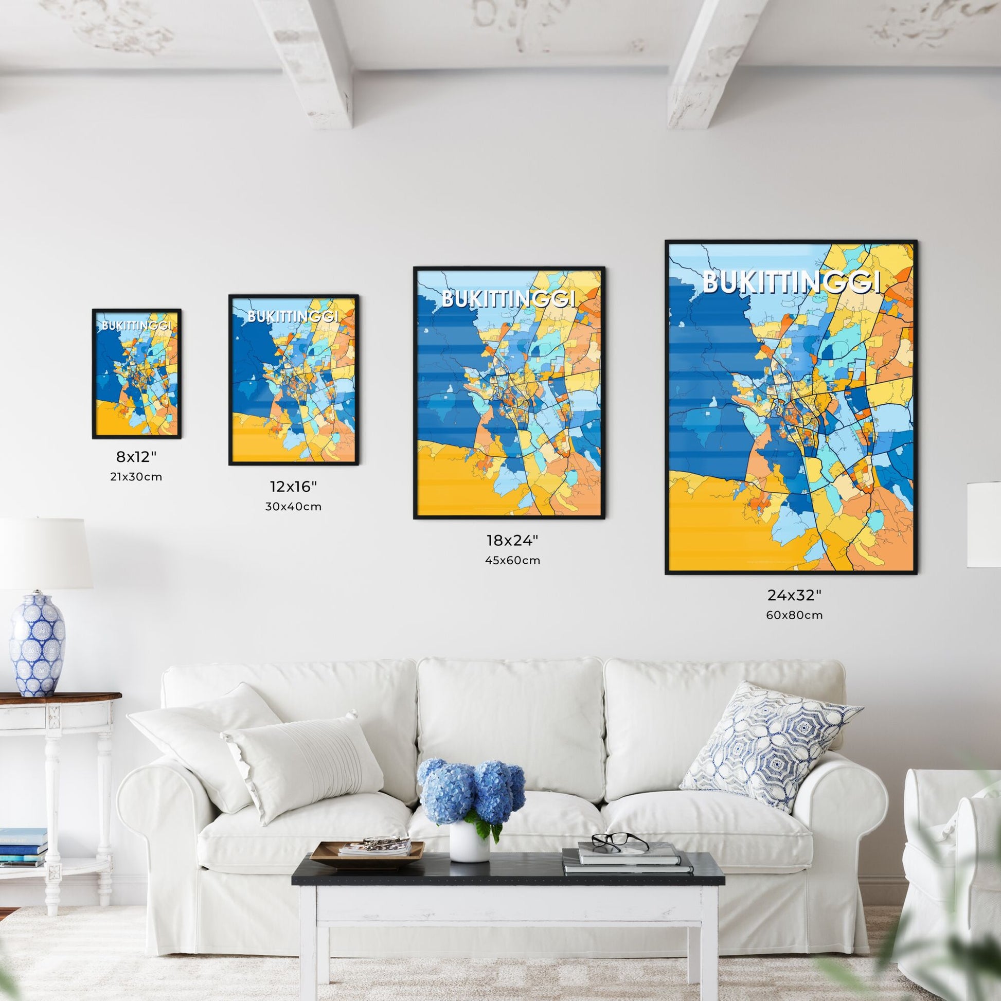 BUKITTINGGI INDONESIA Vibrant Colorful Art Map Poster Blue Orange