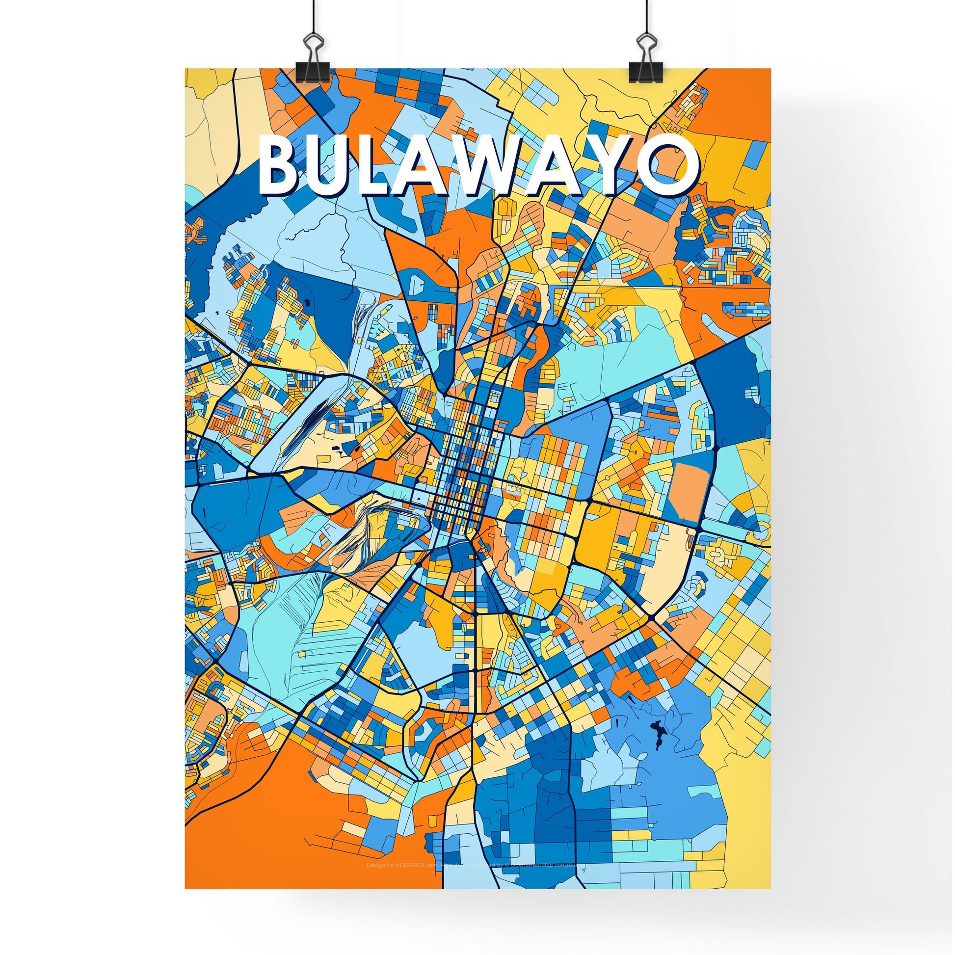 BULAWAYO ZIMBABWE Vibrant Colorful Art Map Poster Blue Orange