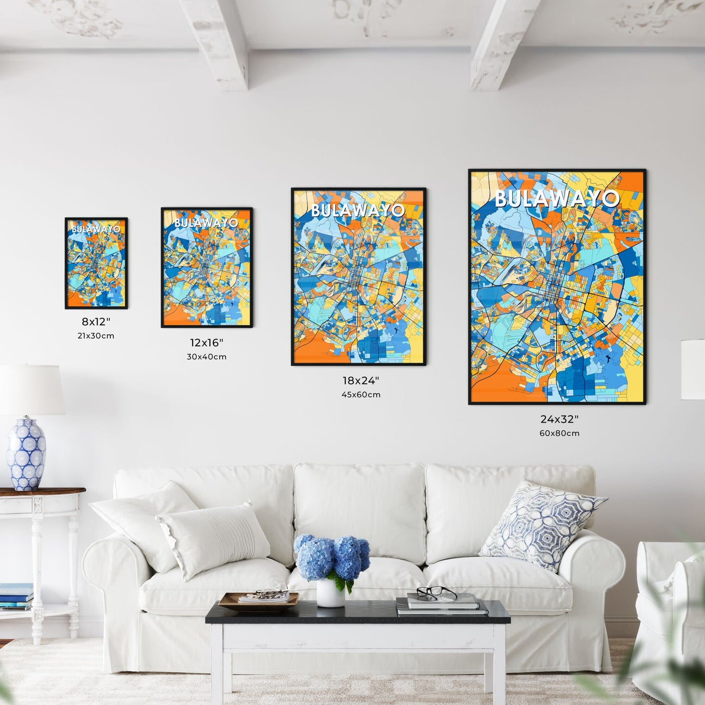 BULAWAYO ZIMBABWE Vibrant Colorful Art Map Poster Blue Orange