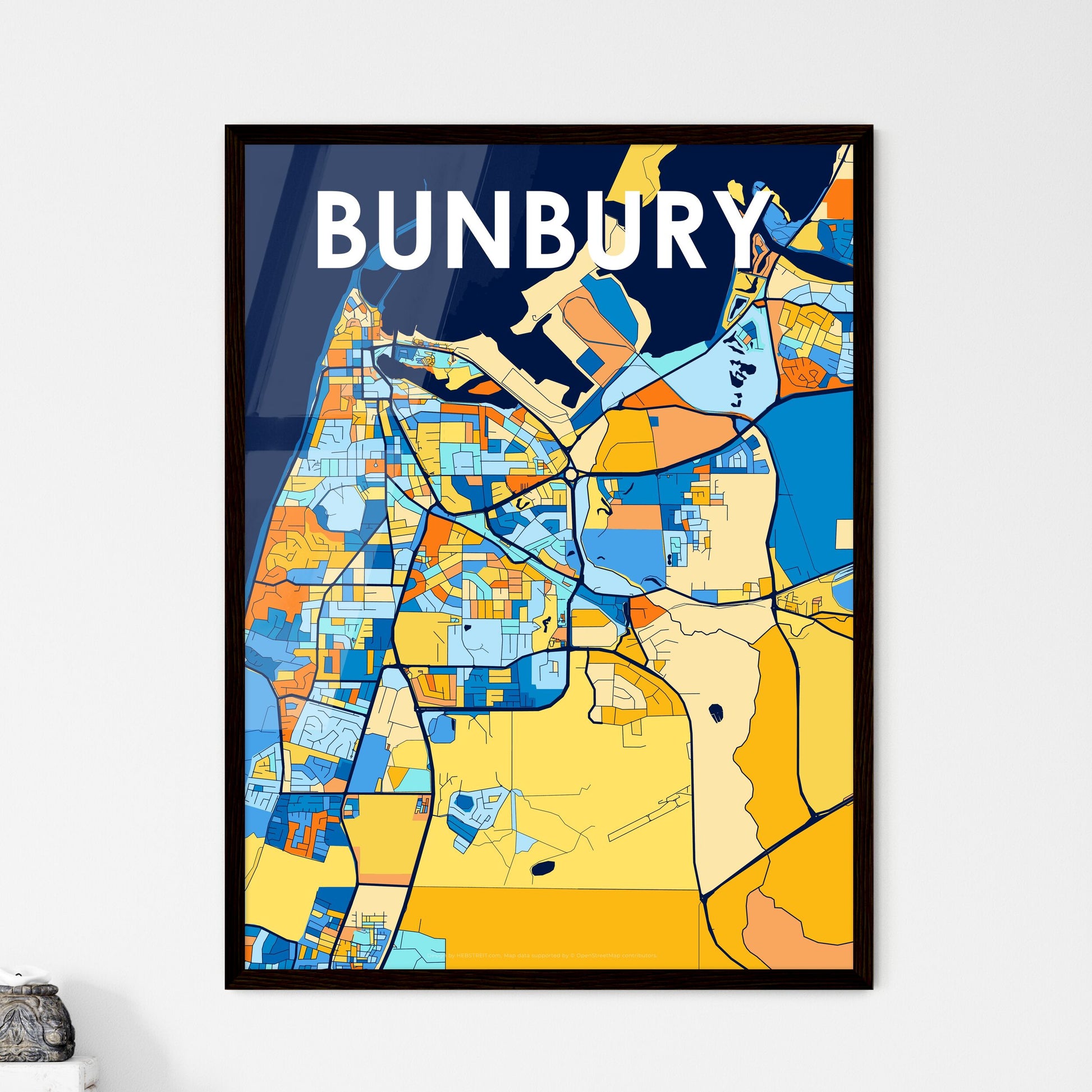 BUNBURY AUSTRALIA Vibrant Colorful Art Map Poster Blue Orange