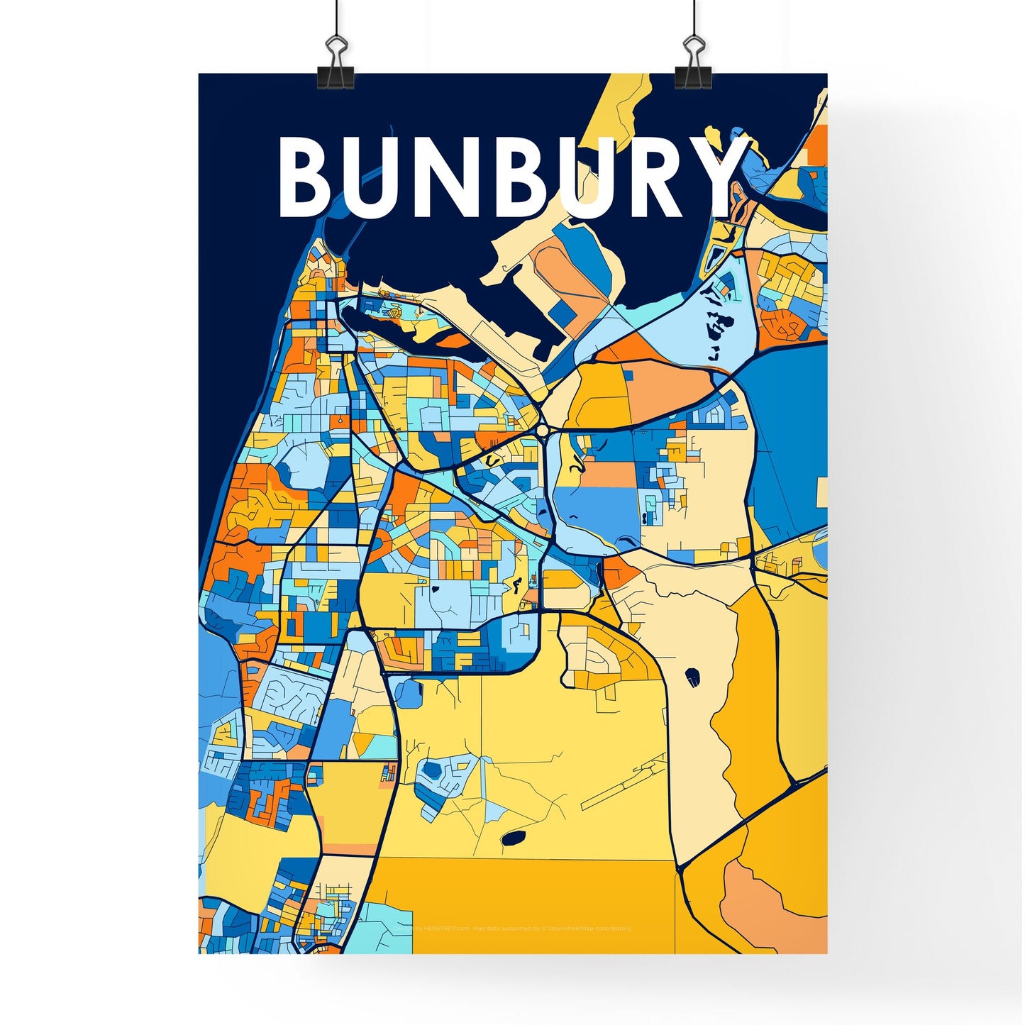 BUNBURY AUSTRALIA Vibrant Colorful Art Map Poster Blue Orange