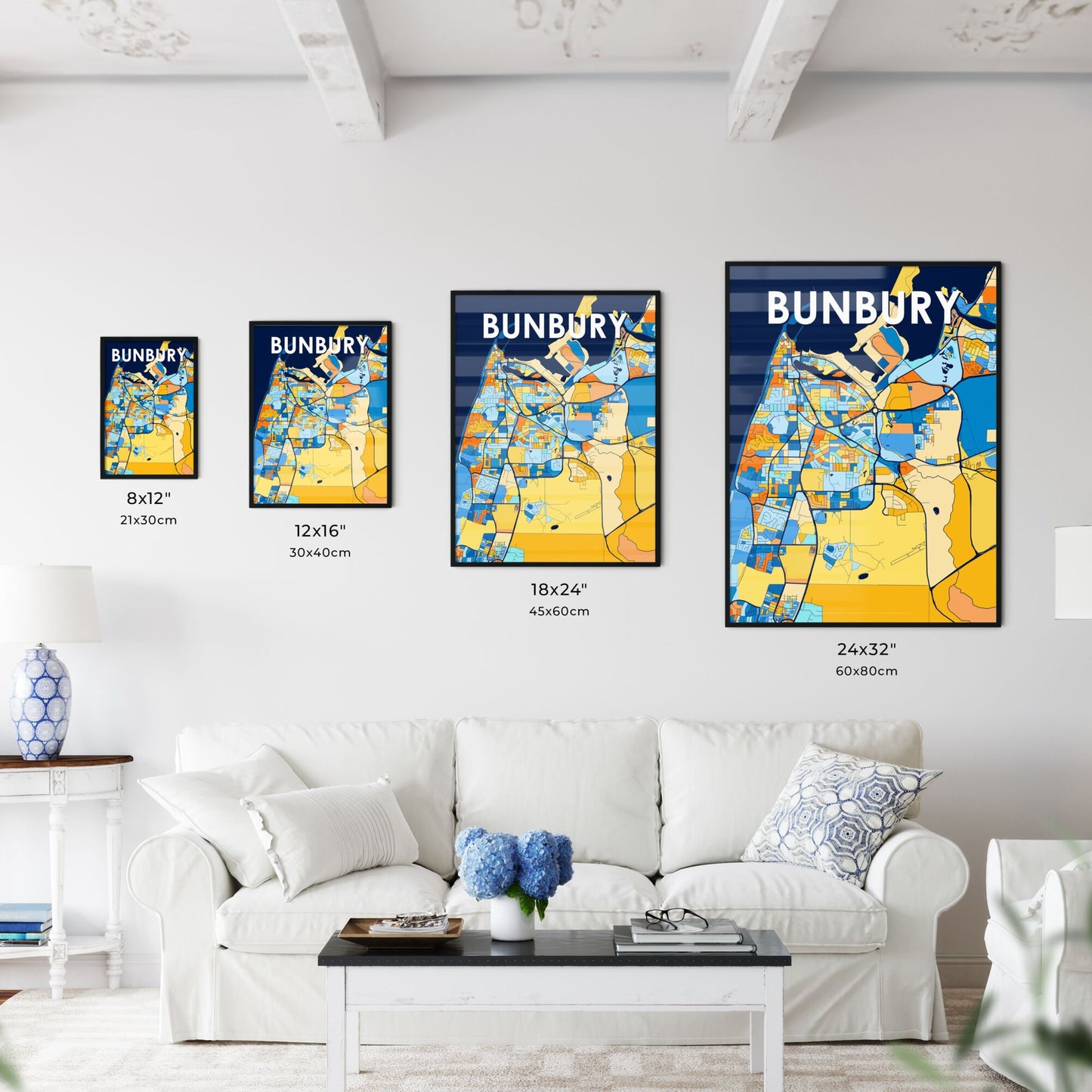 BUNBURY AUSTRALIA Vibrant Colorful Art Map Poster Blue Orange