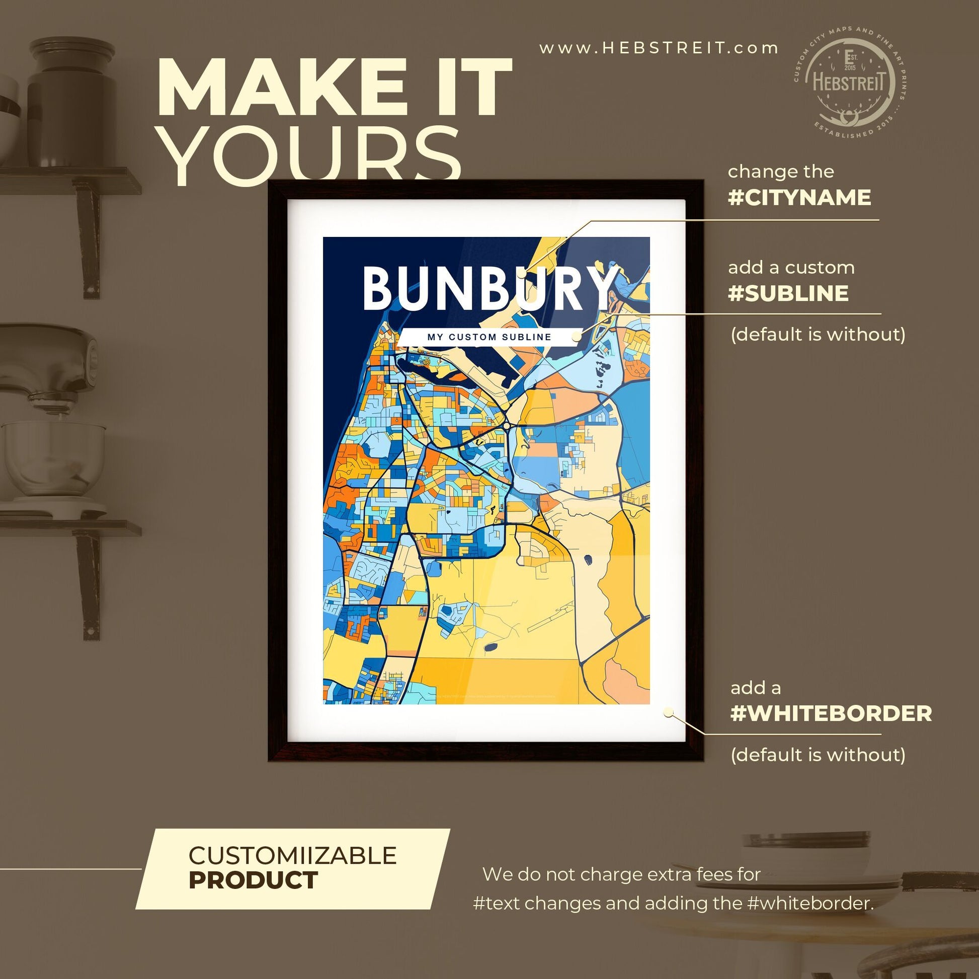 BUNBURY AUSTRALIA Vibrant Colorful Art Map Poster Blue Orange