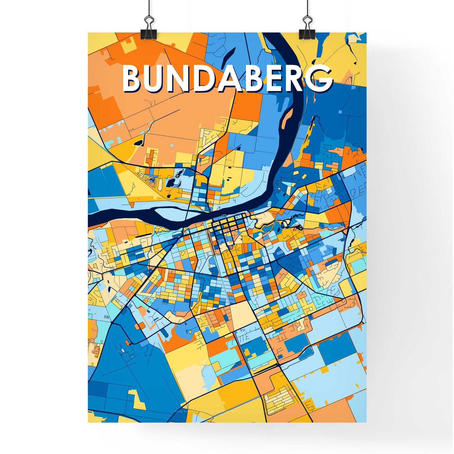 BUNDABERG AUSTRALIA Vibrant Colorful Art Map Poster Blue Orange