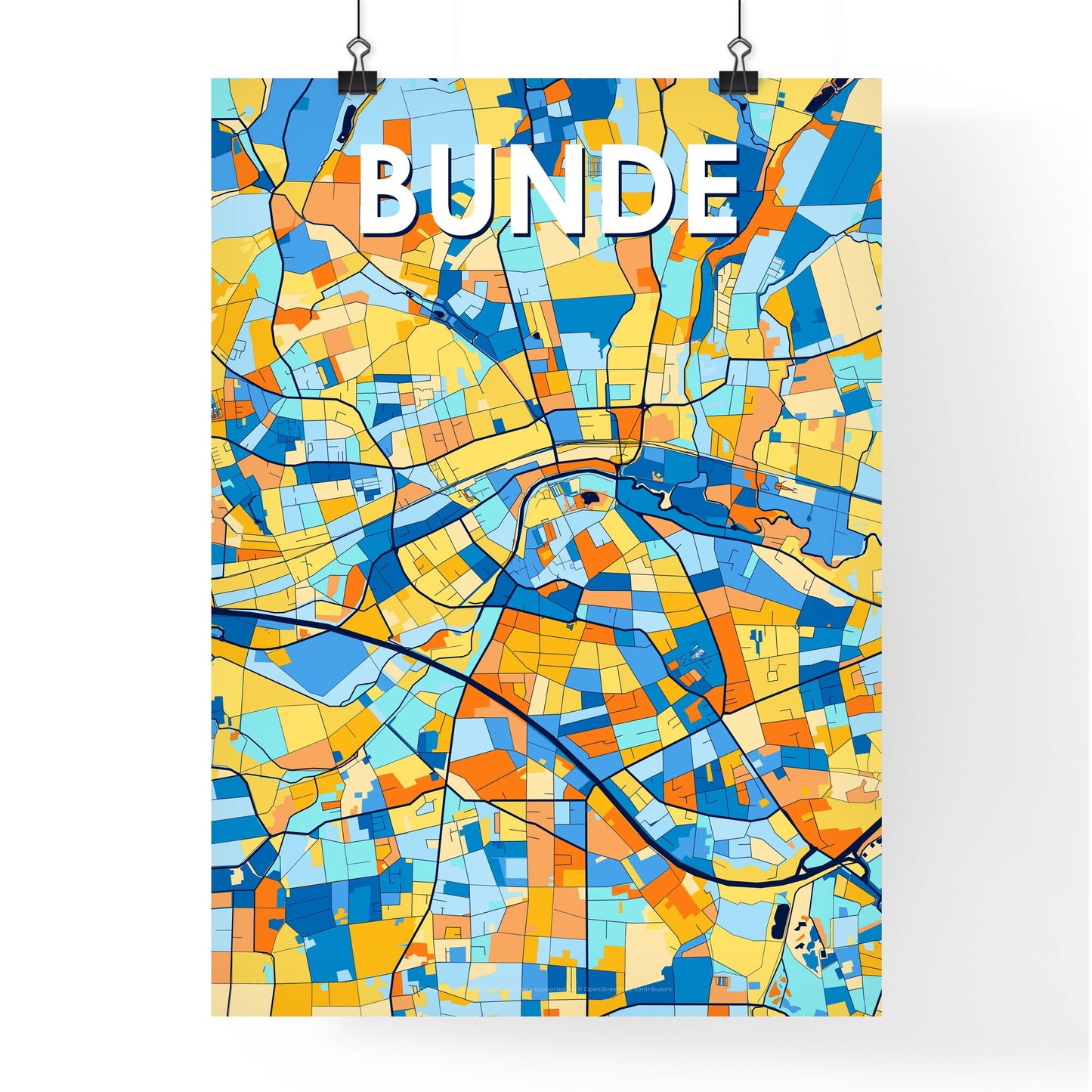 BUNDE GERMANY Vibrant Colorful Art Map Poster Blue Orange