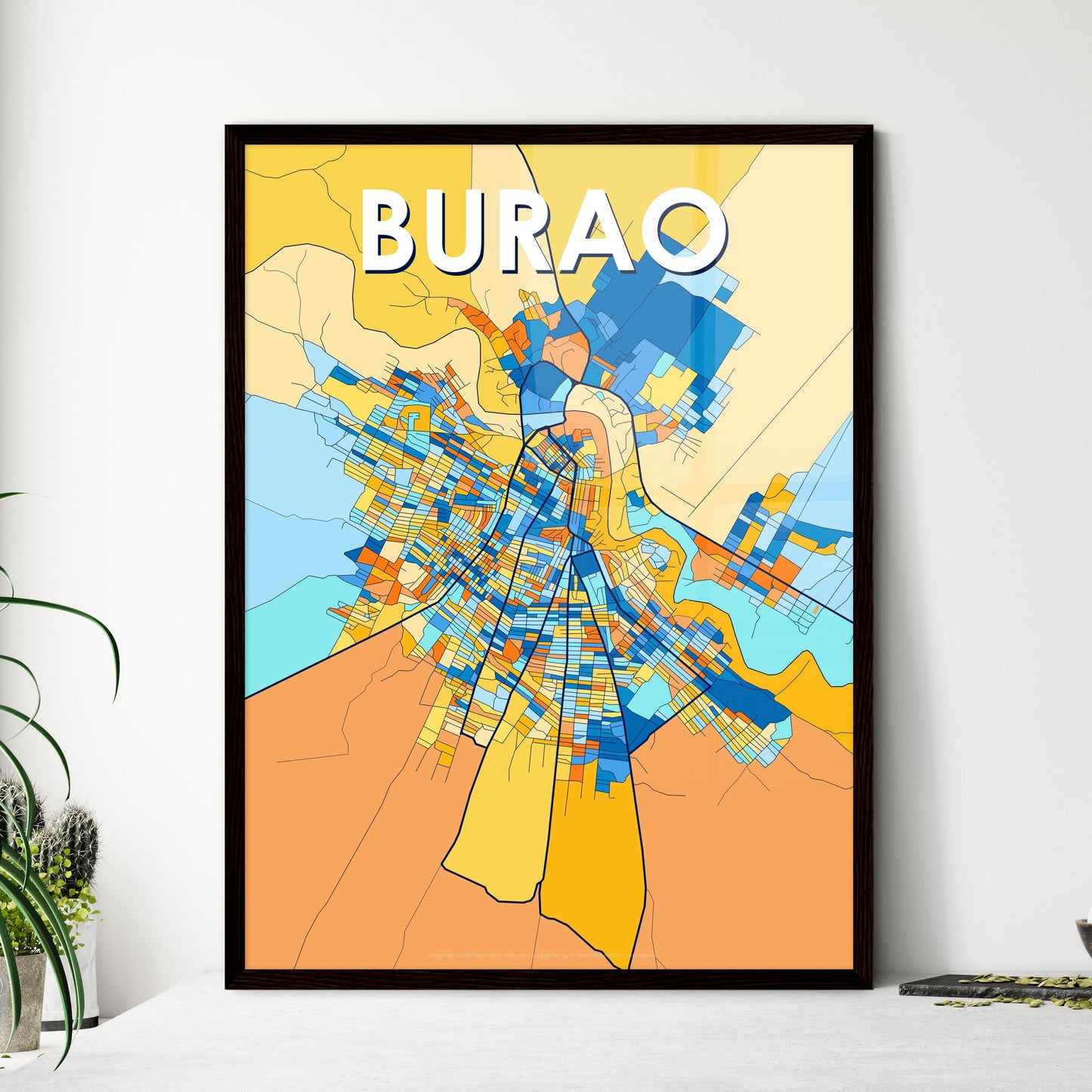 BURAO SOMALIA Vibrant Colorful Art Map Poster Blue Orange