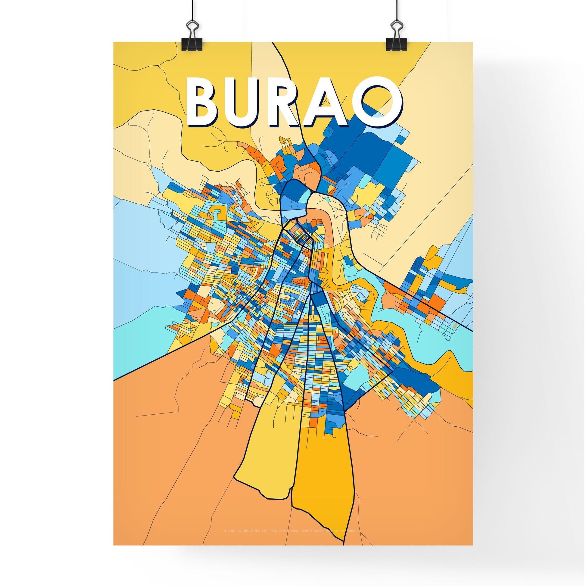 BURAO SOMALIA Vibrant Colorful Art Map Poster Blue Orange