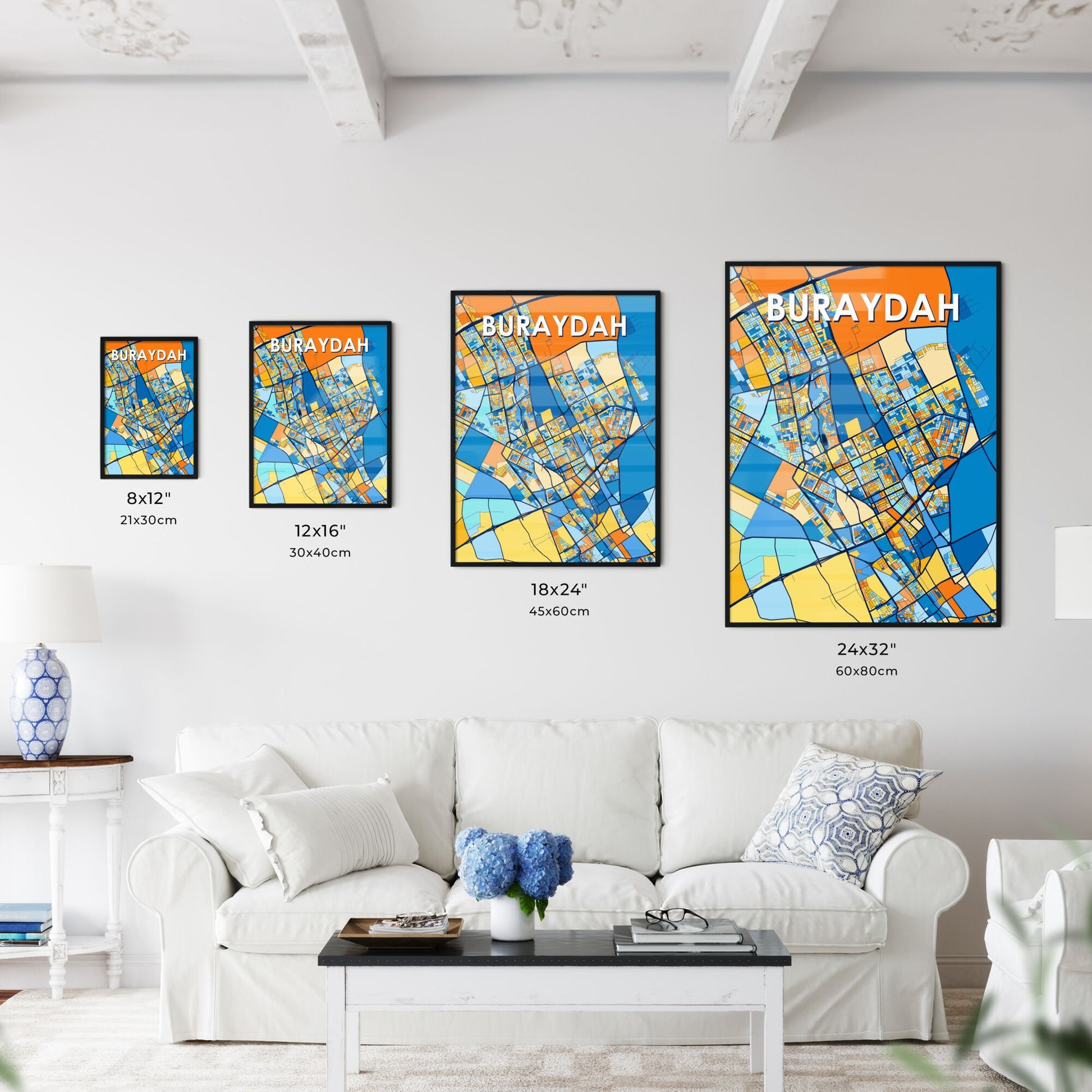 BURAYDAH SAUDI ARABIA Vibrant Colorful Art Map Poster Blue Orange