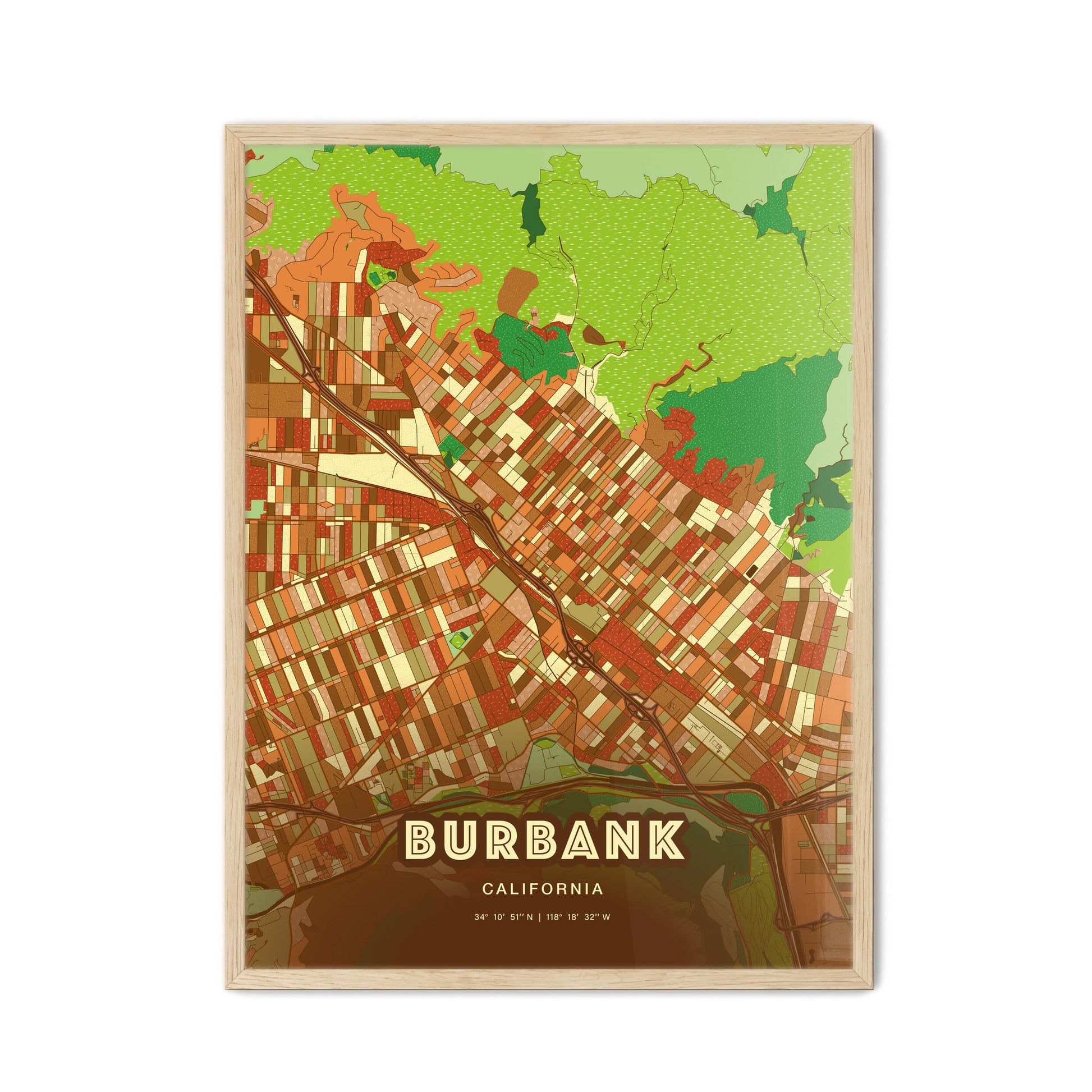 Colorful Burbank California Fine Art Map Farmhouse