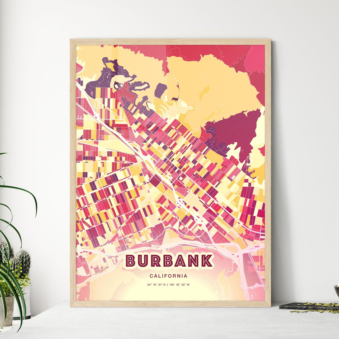 Colorful Burbank California Fine Art Map Hot Red